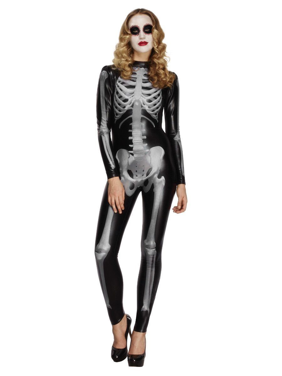 Smiffys Kostüm Knochenskelett Lacksuit, Hautenger Bodysuit mit dreidimensionalem Skelettaufdruck