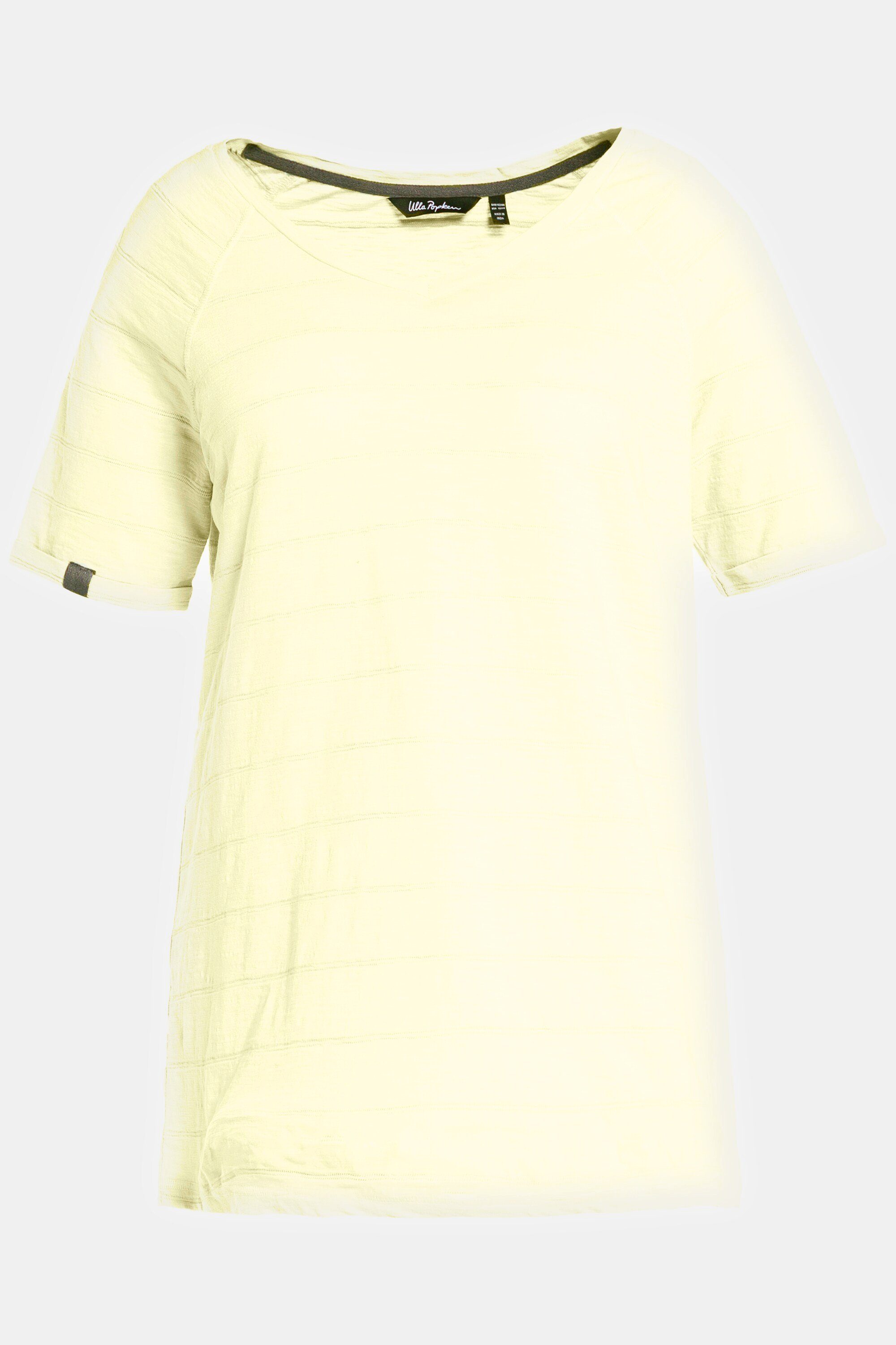 Ulla Popken Rundhalsshirt blassgelb Strukturringel T-Shirt V-Ausschnitt