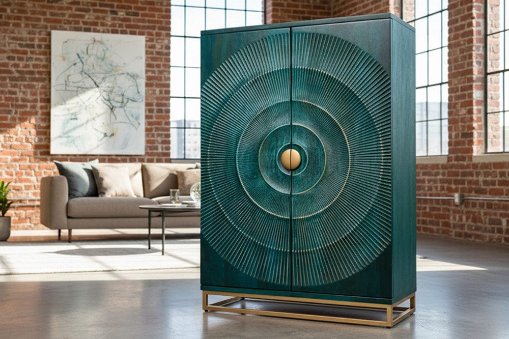 riess-ambiente Barschrank GOLDEN SUNSET 140cm türkis/gold- Mangoholz, Metall, Lack, Handarbeit (Einzelartikel, 1-St) Massivholz · Küche · Wohnzimmer · Stauraum · 24 Flaschen · 3D Front
