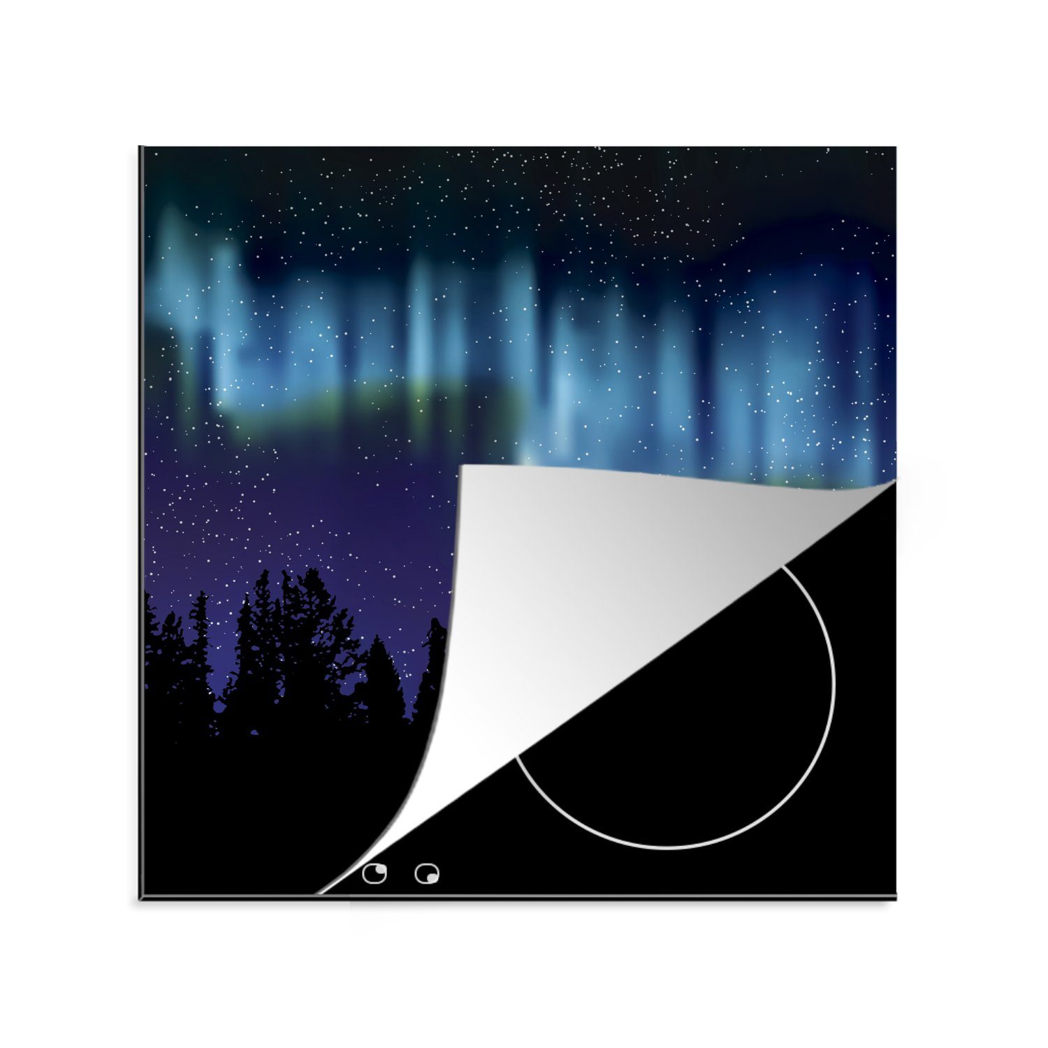 MuchoWow Herdblende-/Abdeckplatte Eine Illustration des Nordlichts über den Wäldern, Vinyl, (1 tlg), 78x78 cm, Ceranfeldabdeckung, Arbeitsplatte für küche
