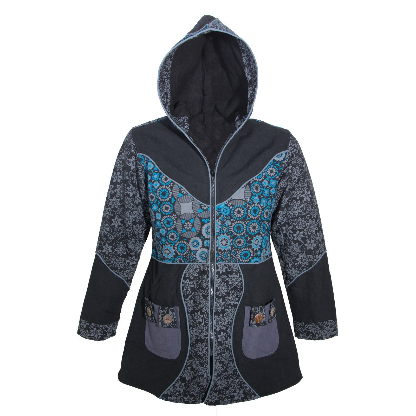 Grau Schwarz Langjacke Baumwolle KUNST und MAGIE Boho Blumenmuster Damenmantel Kunst / UND + Jacke Magie Kapuze