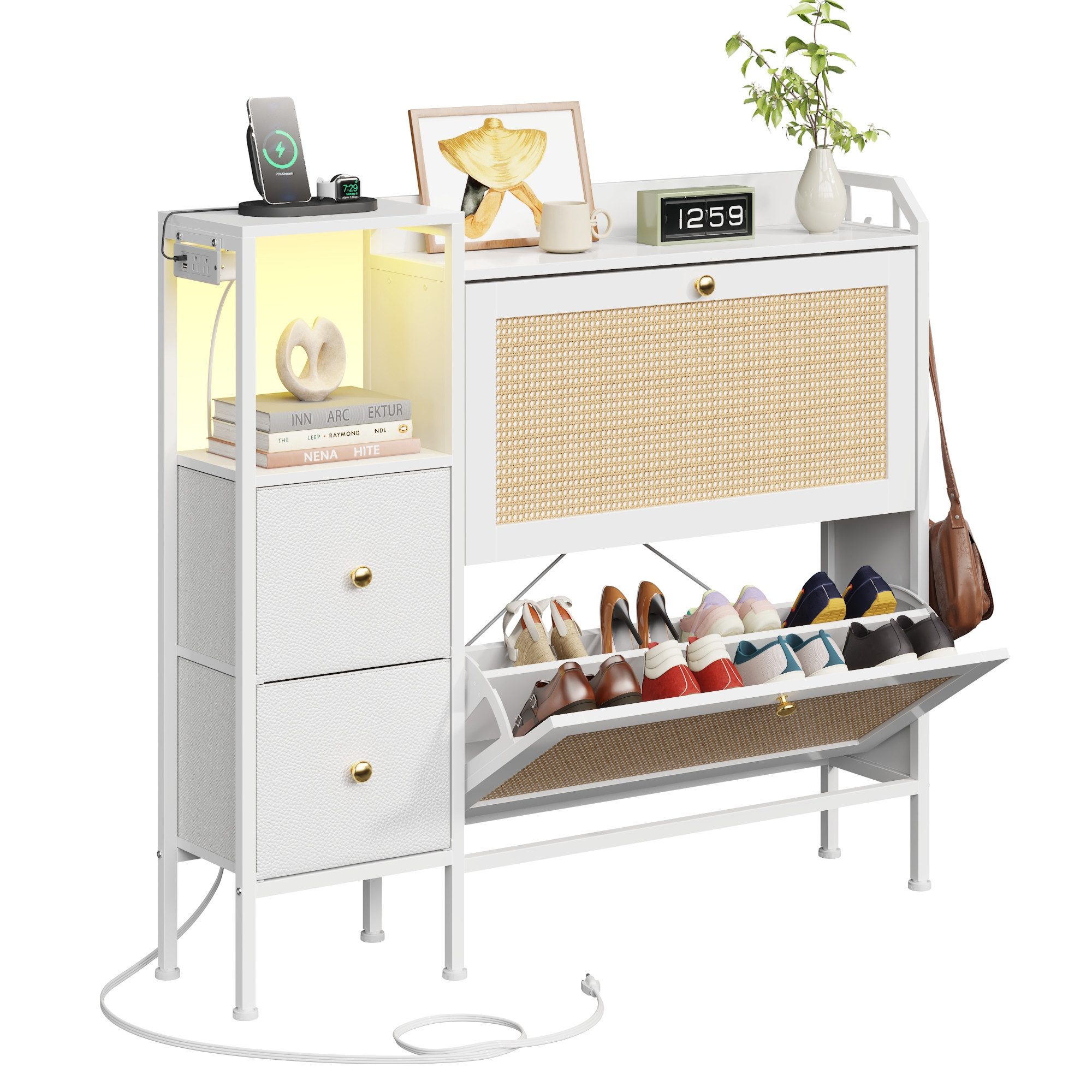 OYRREU Schuhkipper mit 2 Klappen & 3 Ablageflächen, Flur Möbel Schuhschrank 115 cm (Schuhkommode 1-St. mit Beleuchtung, OTTO'S CHOICE), Rattan-Türen, platzsparendes Design, atmosphärisches Licht