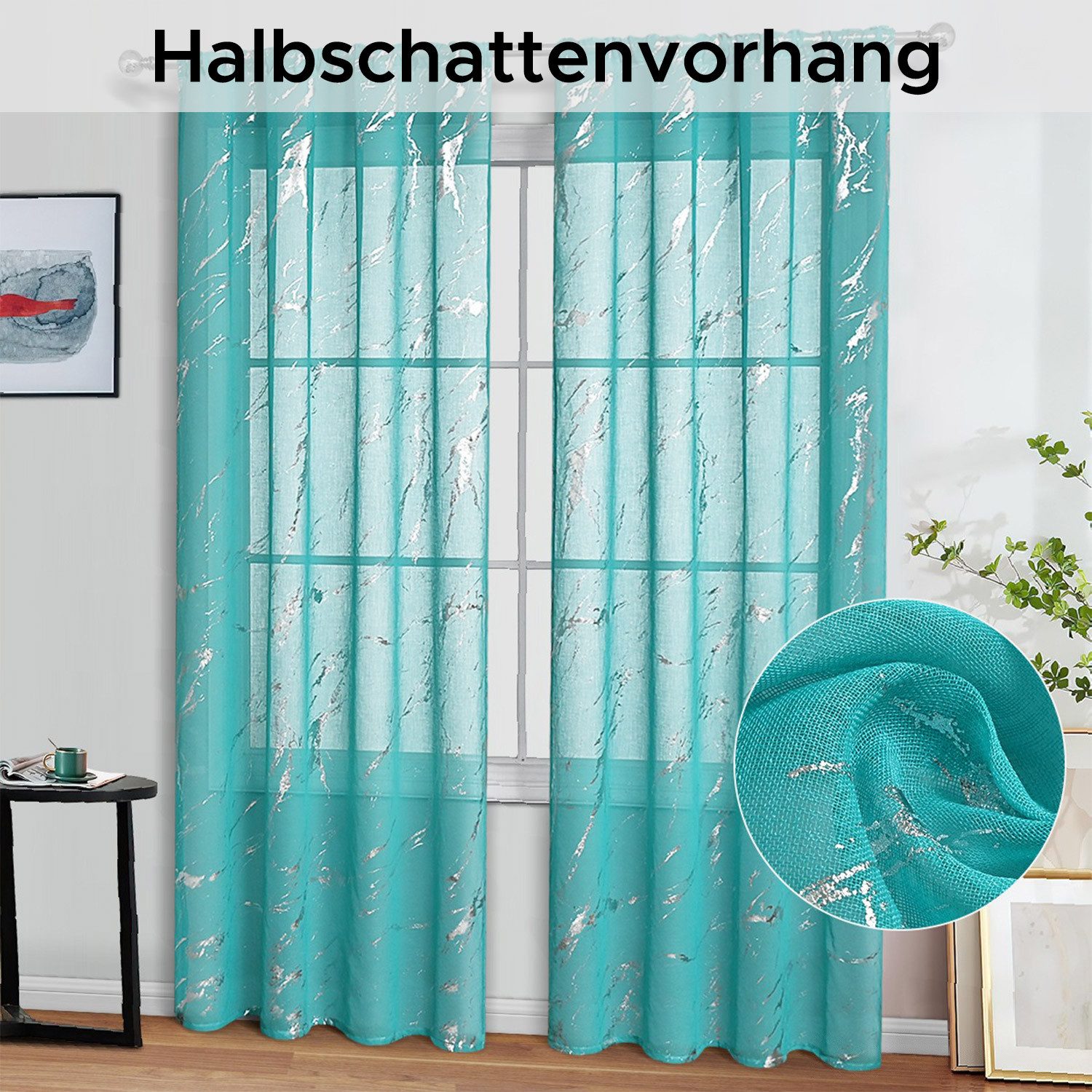 Refttenw Gardine Durchsichtige Vorhänge Silberfolien-Druck, (2 günstig online kaufen