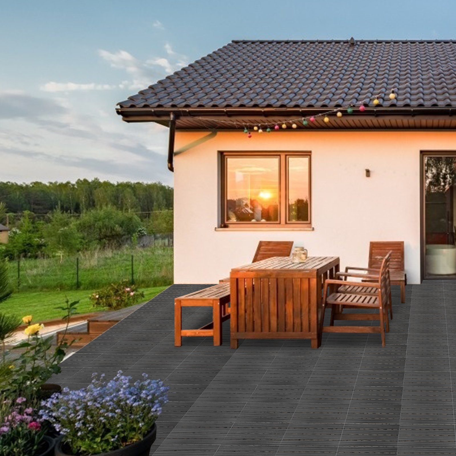 Garten Anthrazit Balkon, in Holzfliesen Bodenbelag für Terrassenfliesen 1m² Holzfliesen und mit Gimisgu Klicksystem Holzoptik Drainage 30x30cm