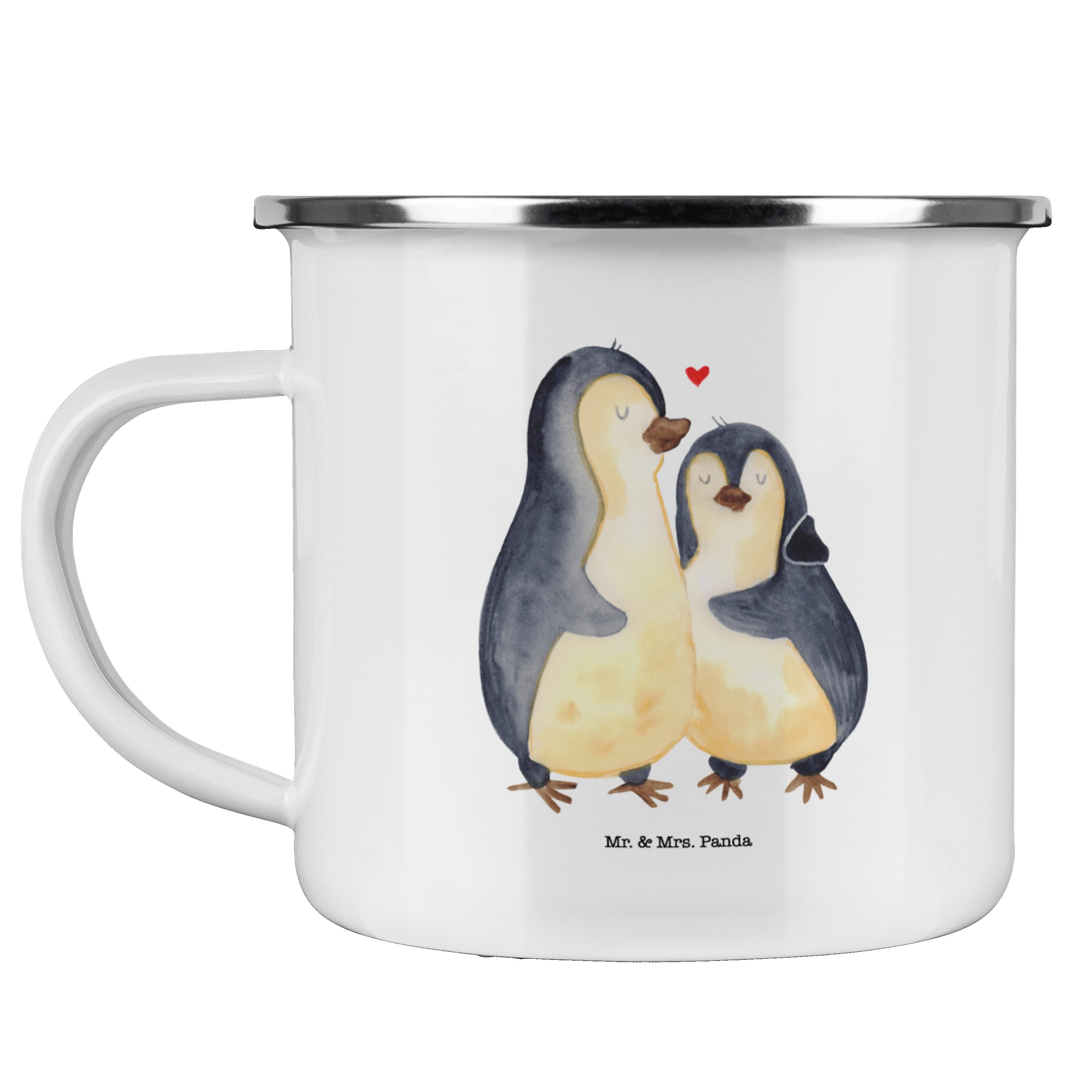 Mr. & Mrs. Panda Becher Pinguin umarmen - Weiß - Geschenk, Edelstahl Trinkbecher, Metalltasse, Emaille, Kratzfeste Emaille