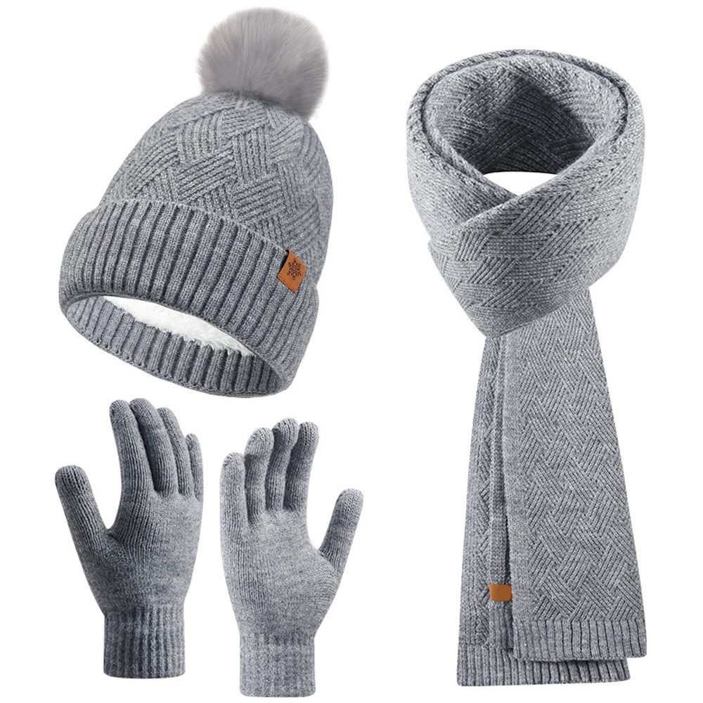 Autrucker Mütze & Schal Damen Winter-Set, Mütze mit Bommel, Schal & Touchscreen-Handschuhe (3-tlg) Fleece gefüttert, warmes 3-in-1 …