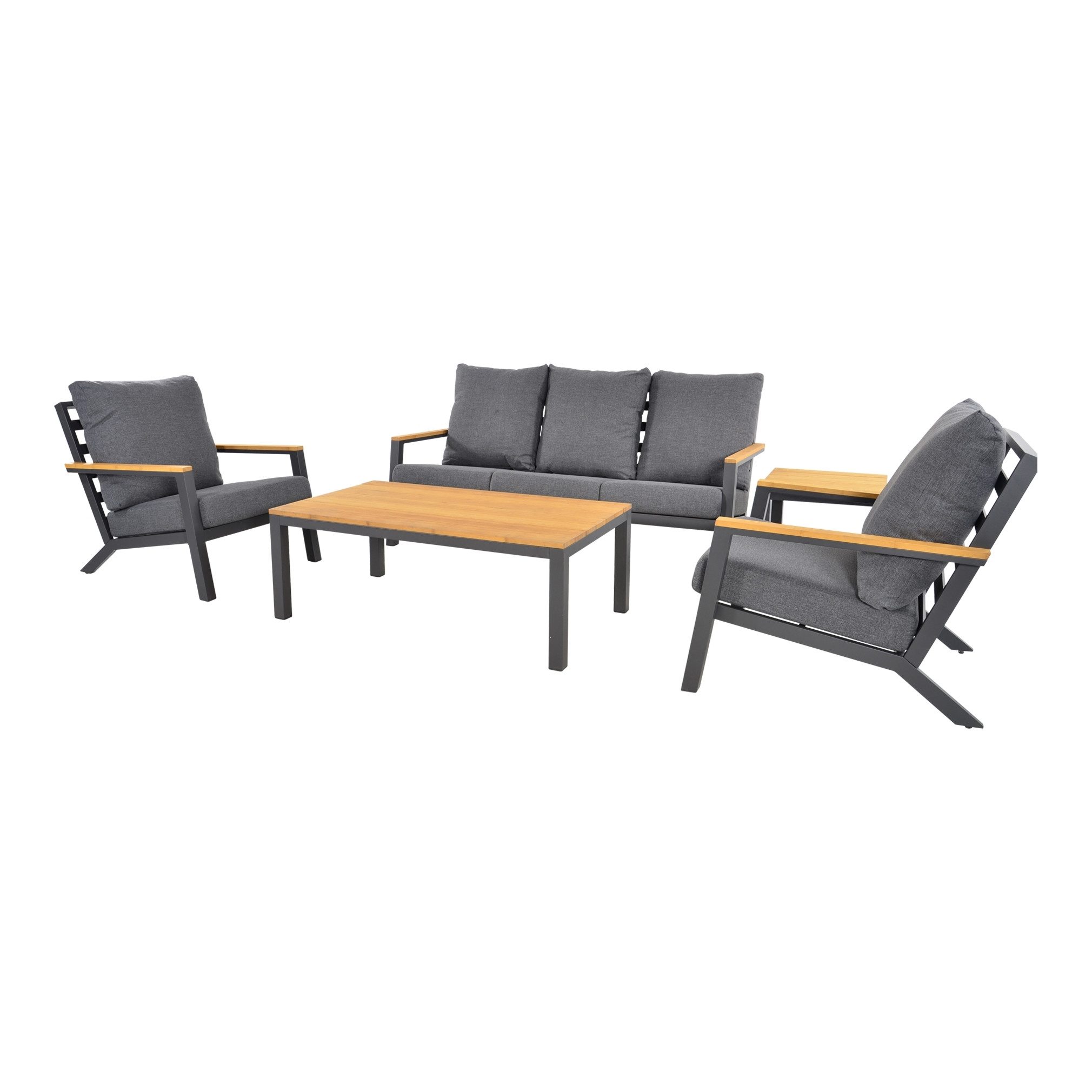 Gartenlounge-Set 3-Sitzer, 2 Sessel, Tisch, Beistelltisch, Aluminium anthrazit, Bambus