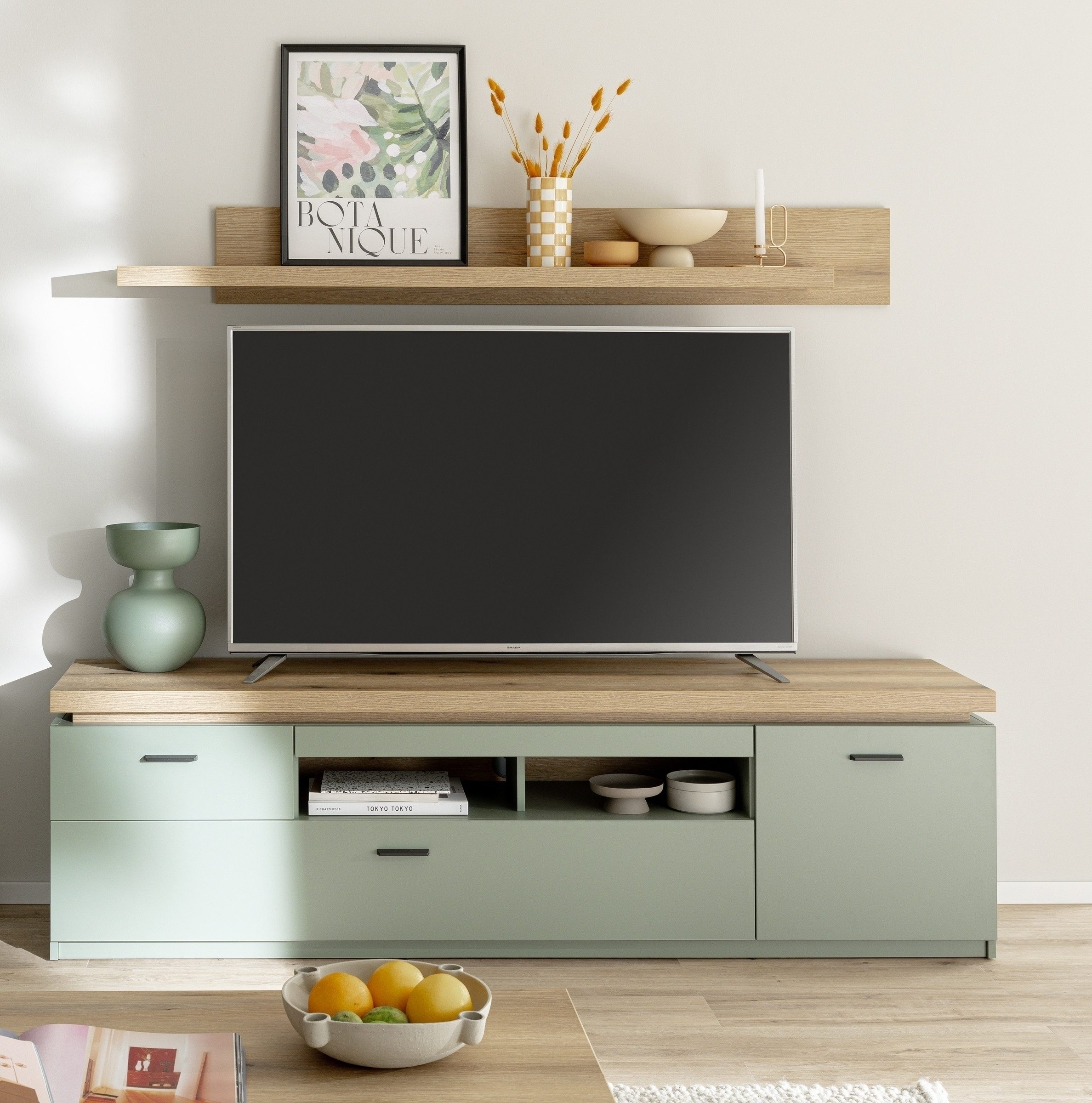 MCA furniture Wohnwand (2-teilig) Salbei/Eiche, Lowboard 195x57x44cm, Wandboard 175x22x26cm, (2-teilig)