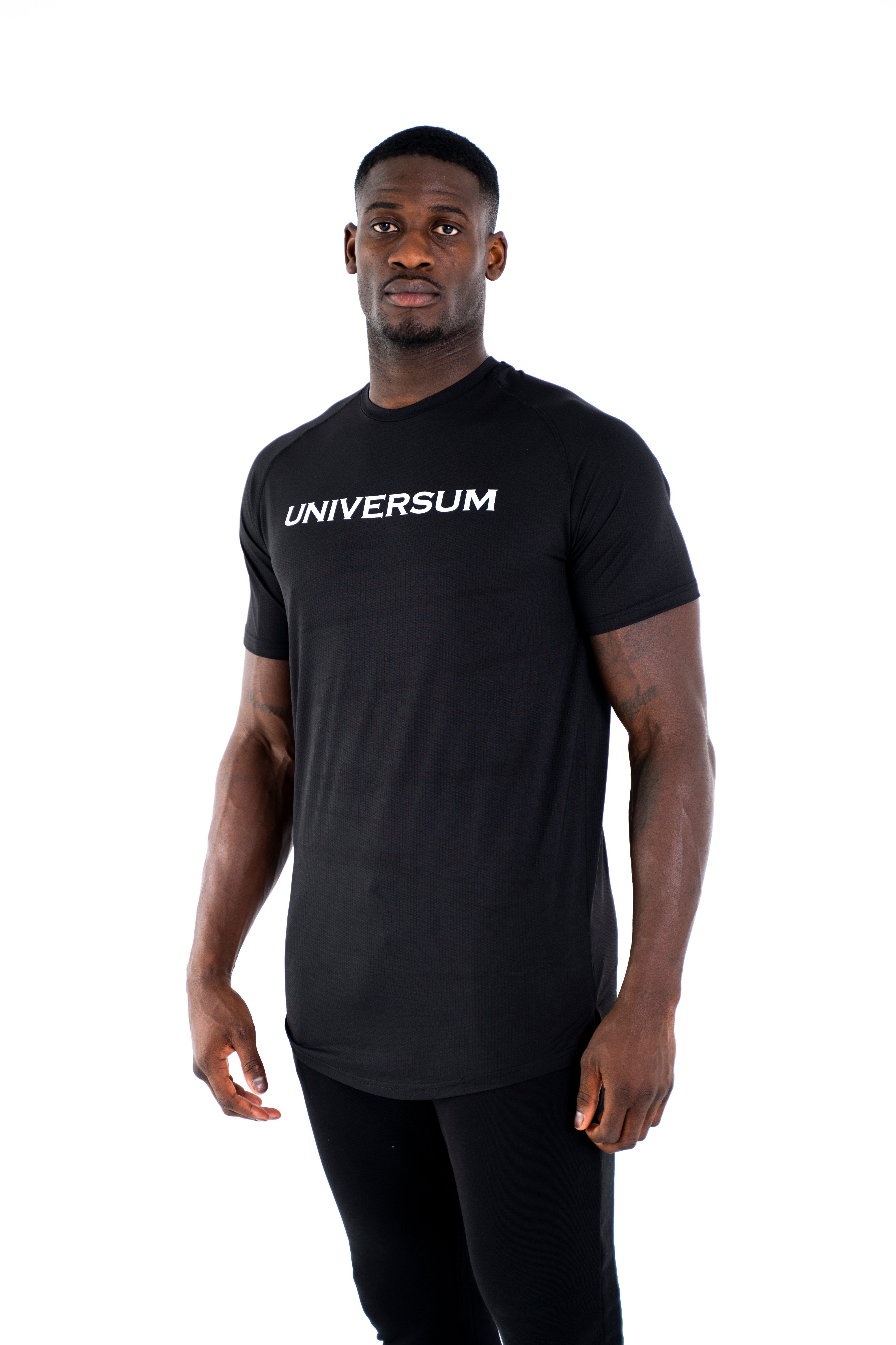 Saum schwarz Schulterschnitt, Sportlicher Sportwear und Figurbetont Universum Funktionsshirt T-Shirt Abgerundeter elastisch