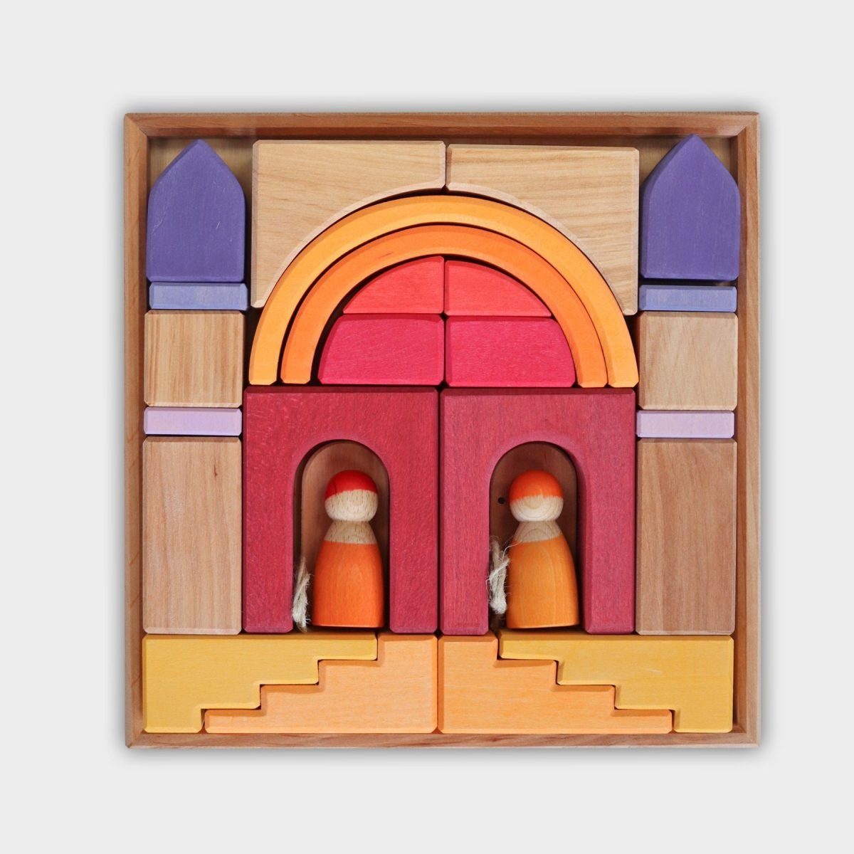 Bauwelt Wüstensand mit 28 bunten Holzbausteinen und Rahmen Spielbausteine