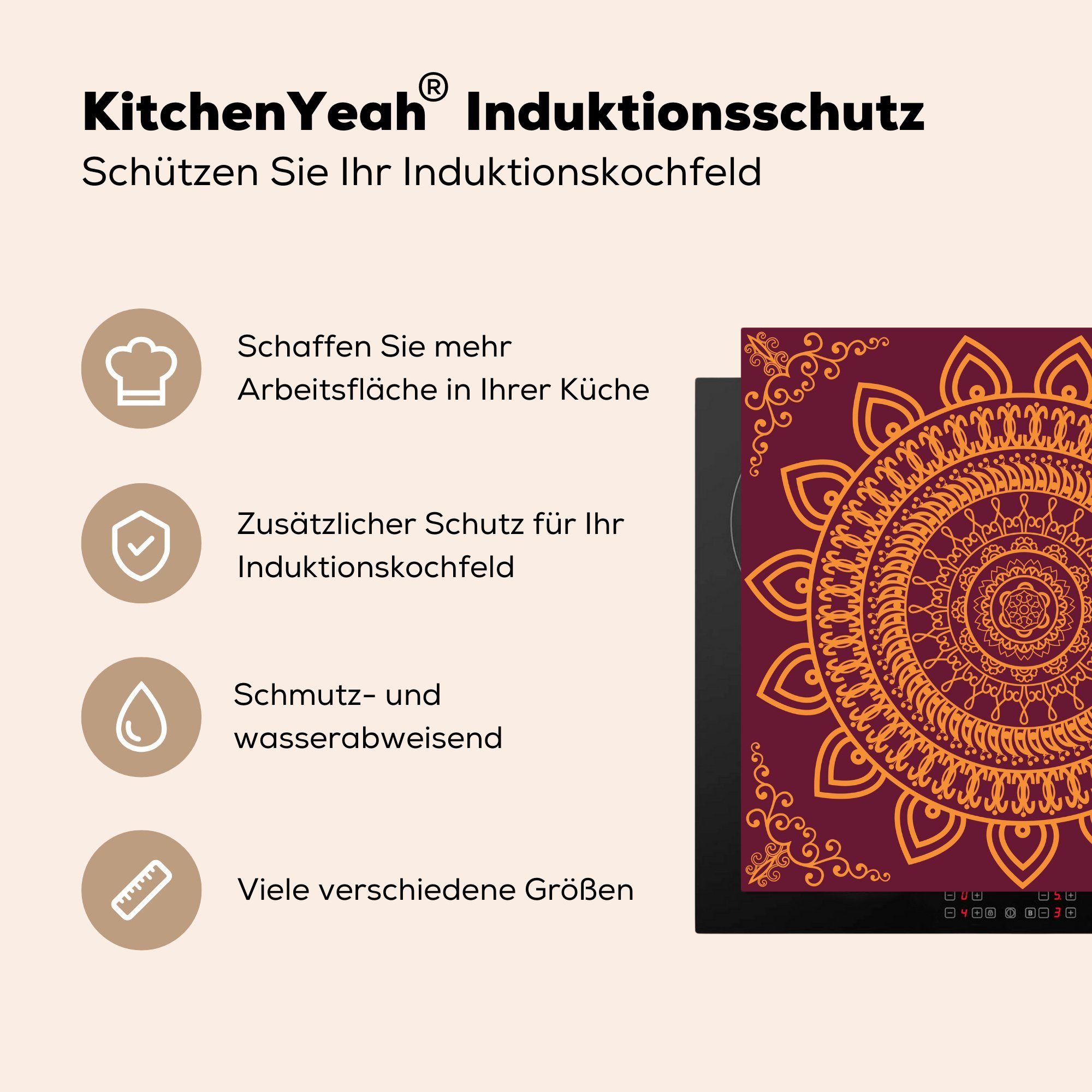 tlg), cm, MuchoWow Arbeitsplatte (1 Mandala-Symmetrie, Ceranfeldabdeckung, 78x78 Vinyl, Herdblende-/Abdeckplatte für küche