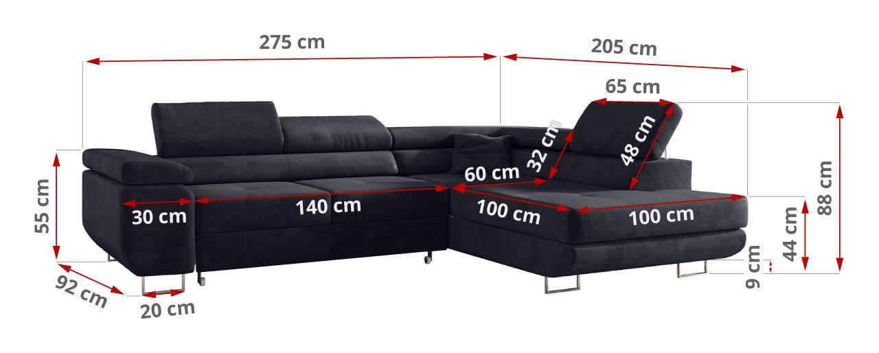 MKS MÖBEL Ecksofa GUSTAW-L, L-Form, mit Wohnlandschaft und Graphit Monolith Bettkasten, Schlaffunktion