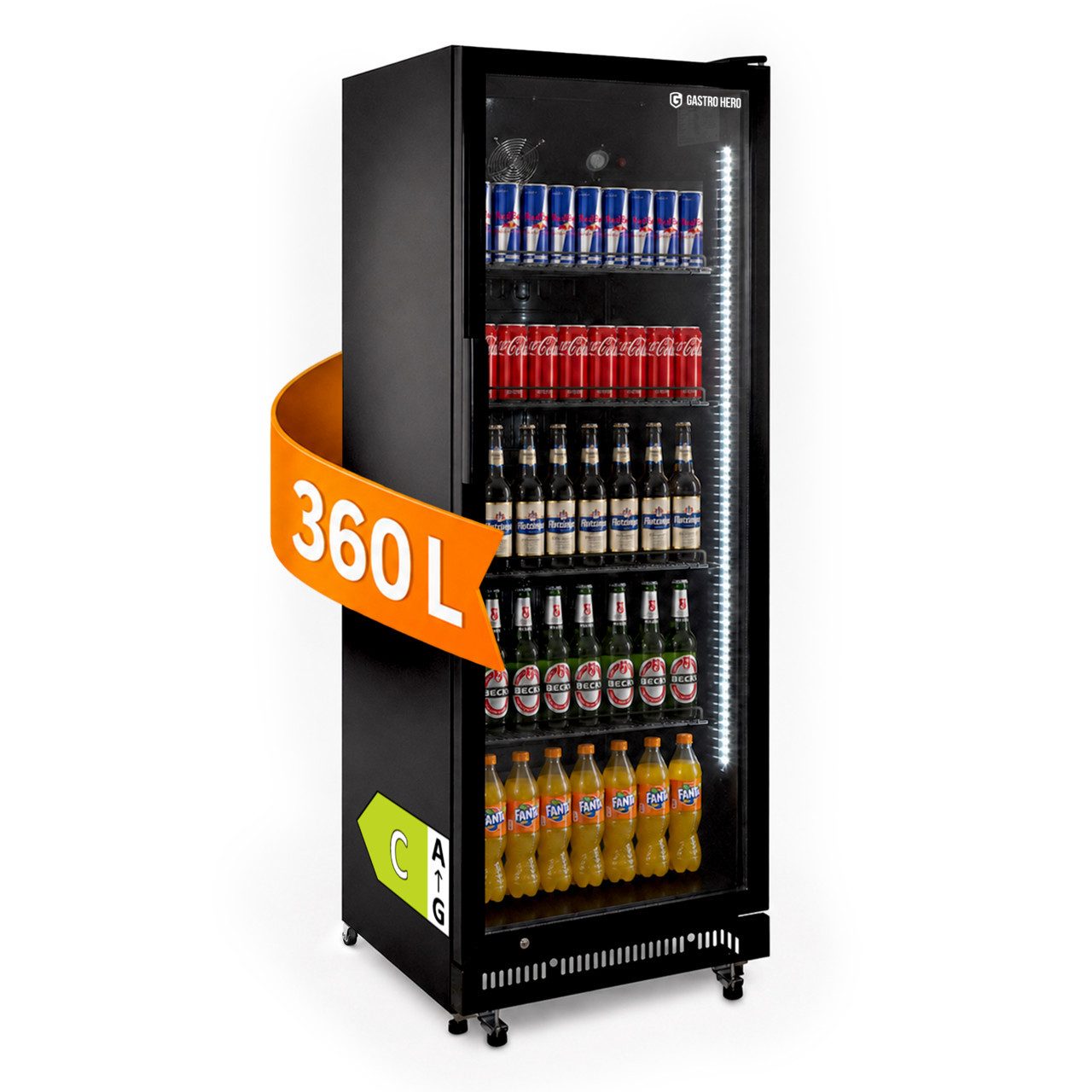 GastroHero Getränkekühlschrank Flaschenkühlschrank 360 L, Glastür & LED, abschließbar schwarz GKS-360, 175.6 cm hoch, 62 cm breit, selbstschließender Isolierglastür, schwarz
