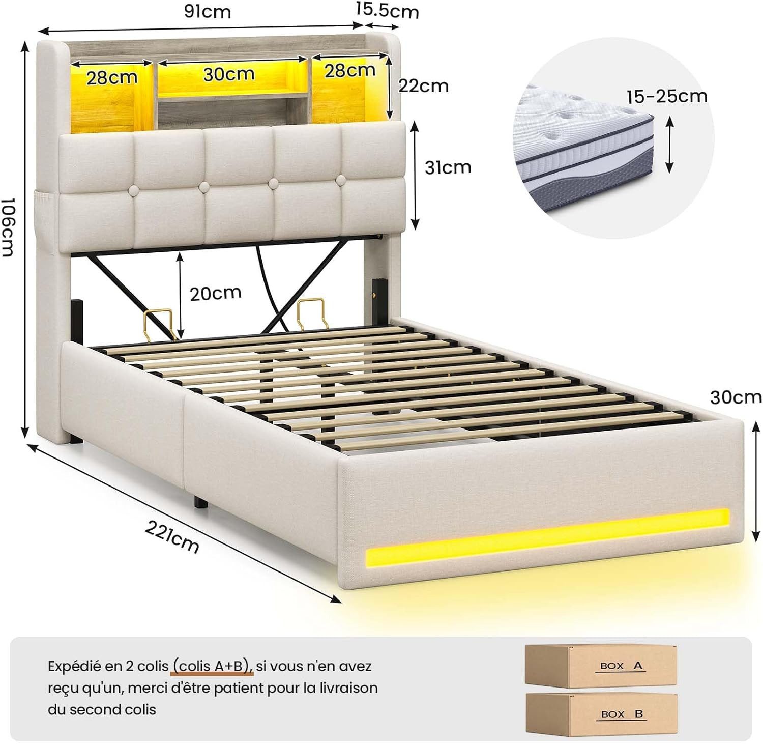 MSMASK Polsterbett Hydraulisches Stauraumbett mit LED-Bleuchtung, 90X200 cm günstig online kaufen