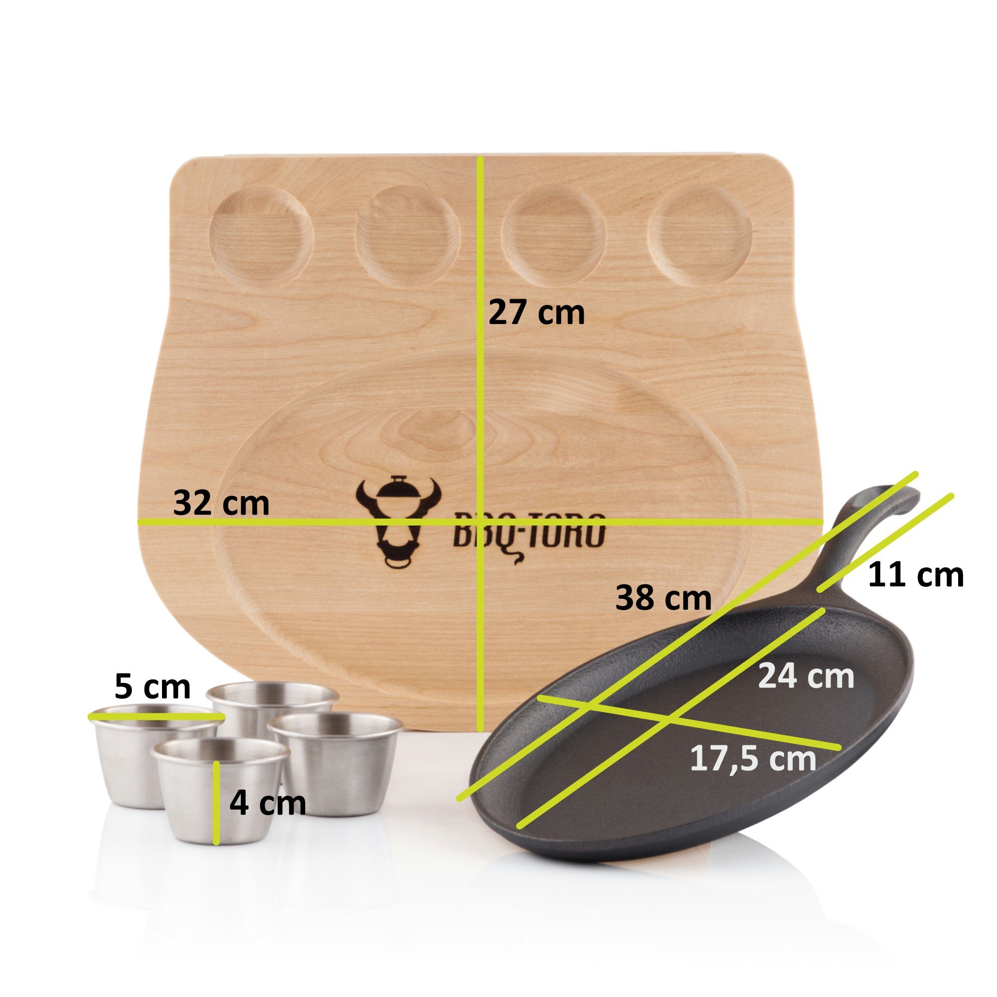 BBQ-Toro Servierpfanne Servierpfännchen mit Gusseisen Gusseisen Holzunterlage, und Edelstahl (Servierpfännchen-Set) Dippschalen