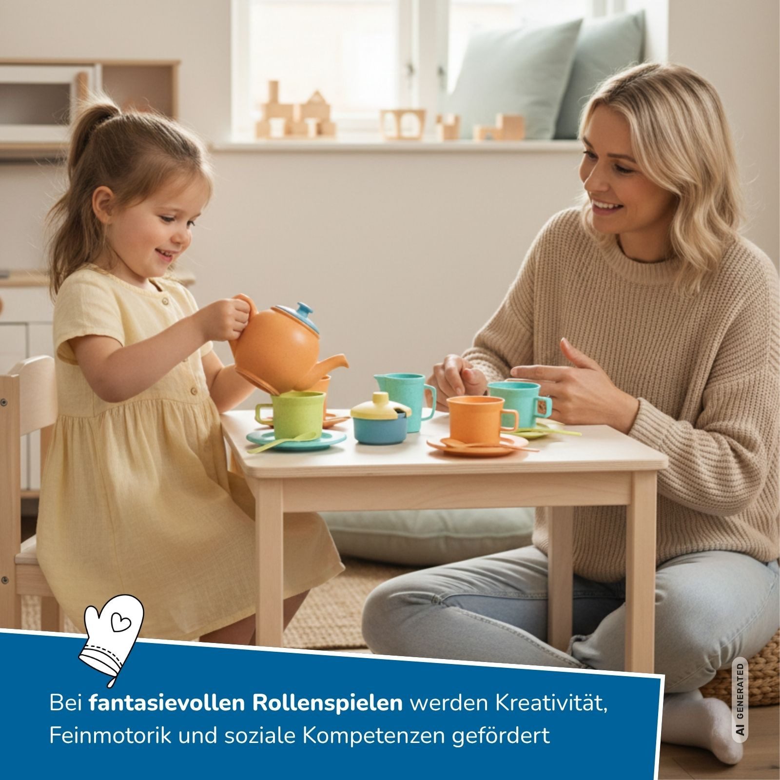 alldoro Spielgeschirr Kinderküchen Teeservice 15-teilig für Kinder ab 3 Jahren, Puppengeschirr aus Kunststoff- Weizenstroh Mix für Rollenspiele