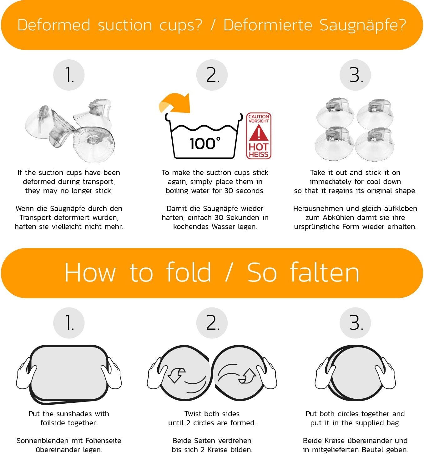 Caramaz Baby Car Sunshade with UV Protection 48x30cm - 2 Pieces, (Car Sunshade with Suction Cups - Children's Sun Visor)