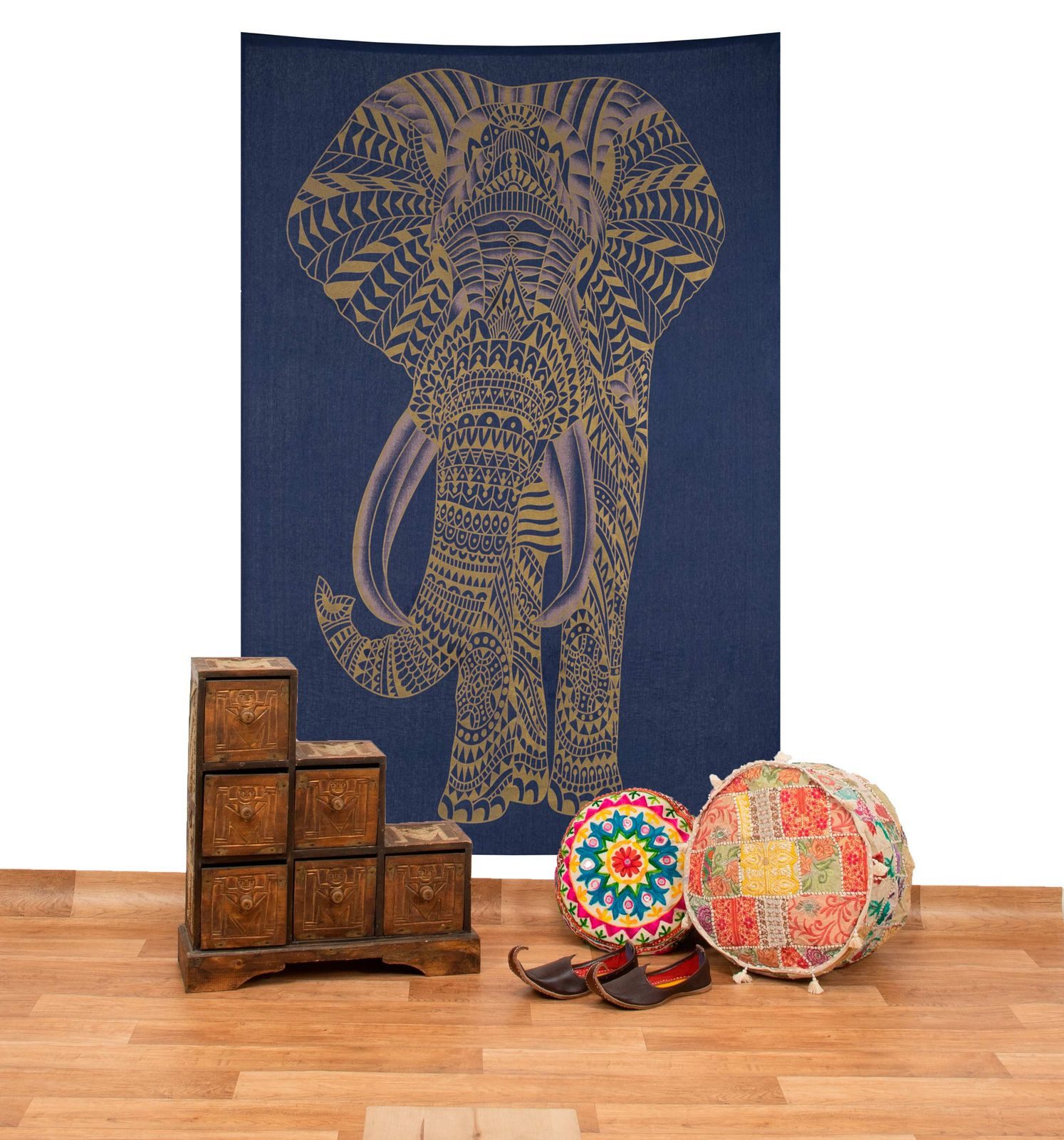 KUNST UND MAGIE Wandteppich Tagesdecke Wandbehang Deko Tuch Goldener Elefant ca. 200 x135cm