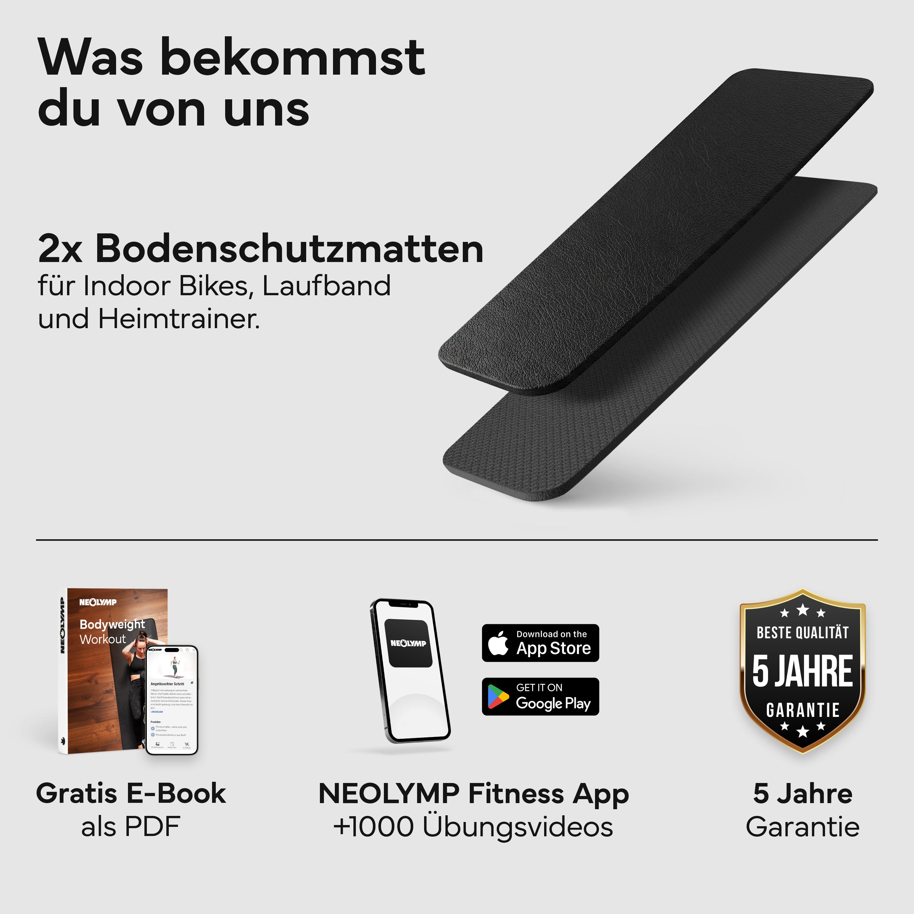 NEOLYMP Bodenmatte Bodenschutzmatte Fitnessgerät –Laufband Matte 8mm Dicke - rutschfest (Bodenschutzmatte Fitness - langlebig & stoßdämpfend - Sportmatte), Fitness Unterlegmatte für Crosstrainer – Gymnastikmatte, Fitnessmatte
