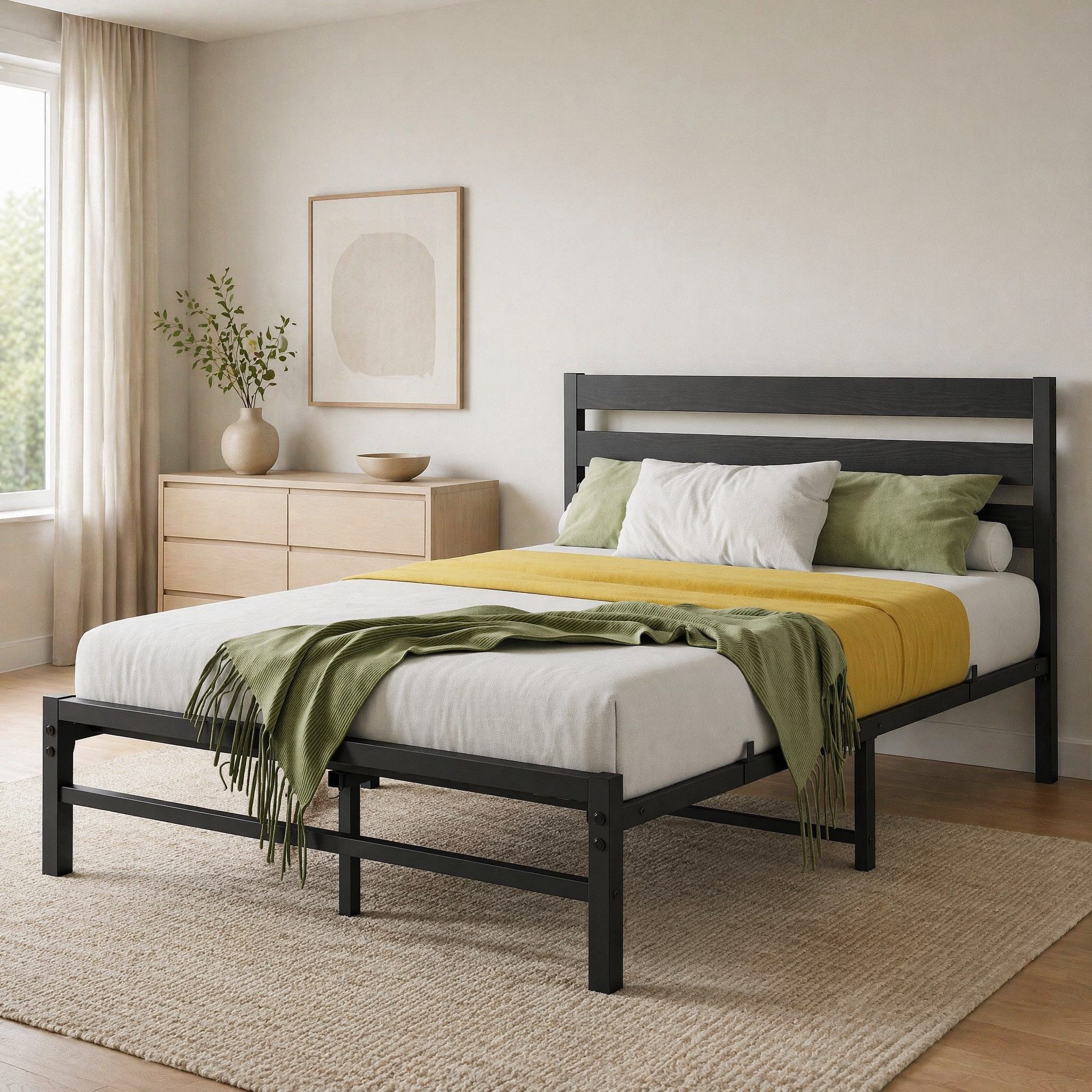 MODFU Bettgestell Schwarz 140x200 cm, MDF-Kopfteil, 27 cm Höhe, ohne Matratze (Packung, Modernes Design, einfache Reinigung unter dem Bett – inkl. Lattenrost), Stabile Metallkonstruktion & 3-teiliges MDF-Kopfteil