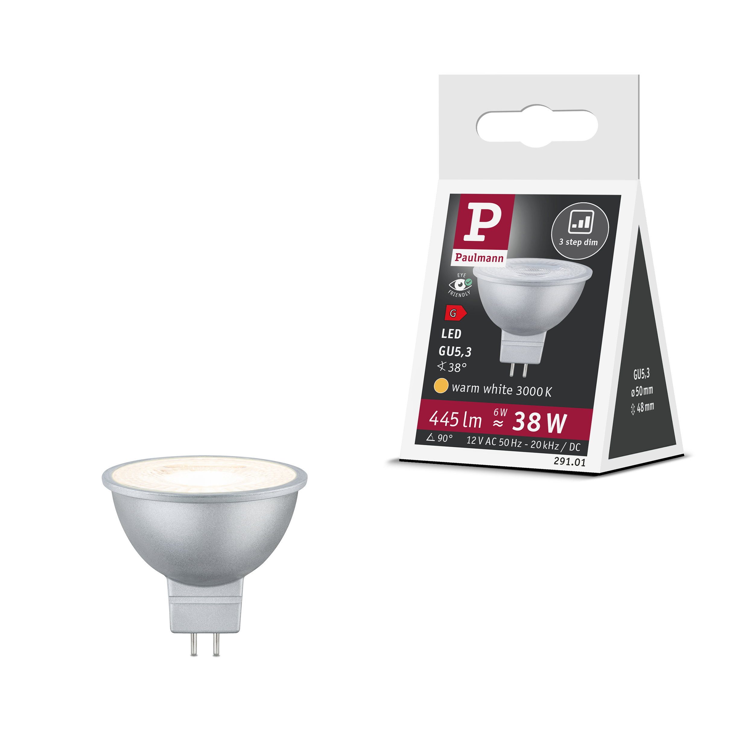 Paulmann LED-Leuchtmittel Standard 12V 3-Step-Dim LED Reflektor GU5,3 445lm 6W 3000K dimmbar Chr, GU5,3, 1 St.