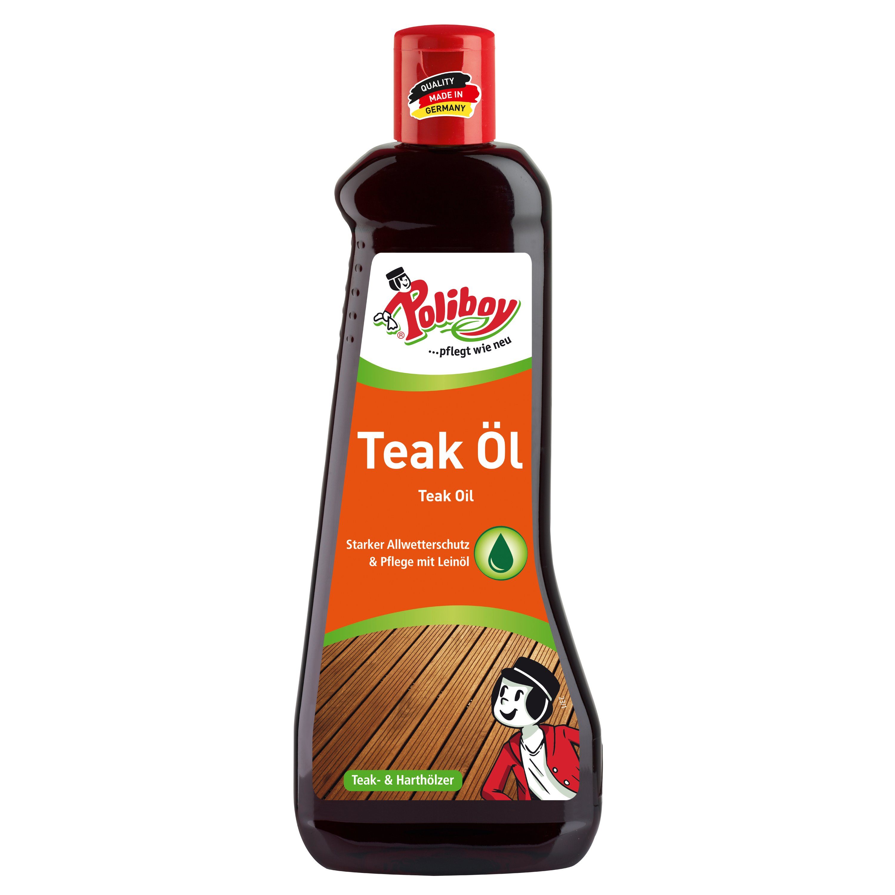 poliboy Teak Öl dunkel - 500ml - für geölte und naturbelassene Gegenstände Holzreiniger (reinigt, pflegt und schützt - Made in Germany)