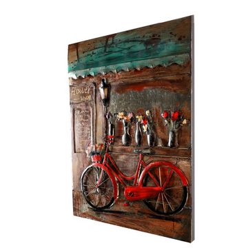 Home4Living Metallbild Wandbild Unikat Relief 3D 60x80cm handgefertigt, Flower Bike rot, 3D Effekt