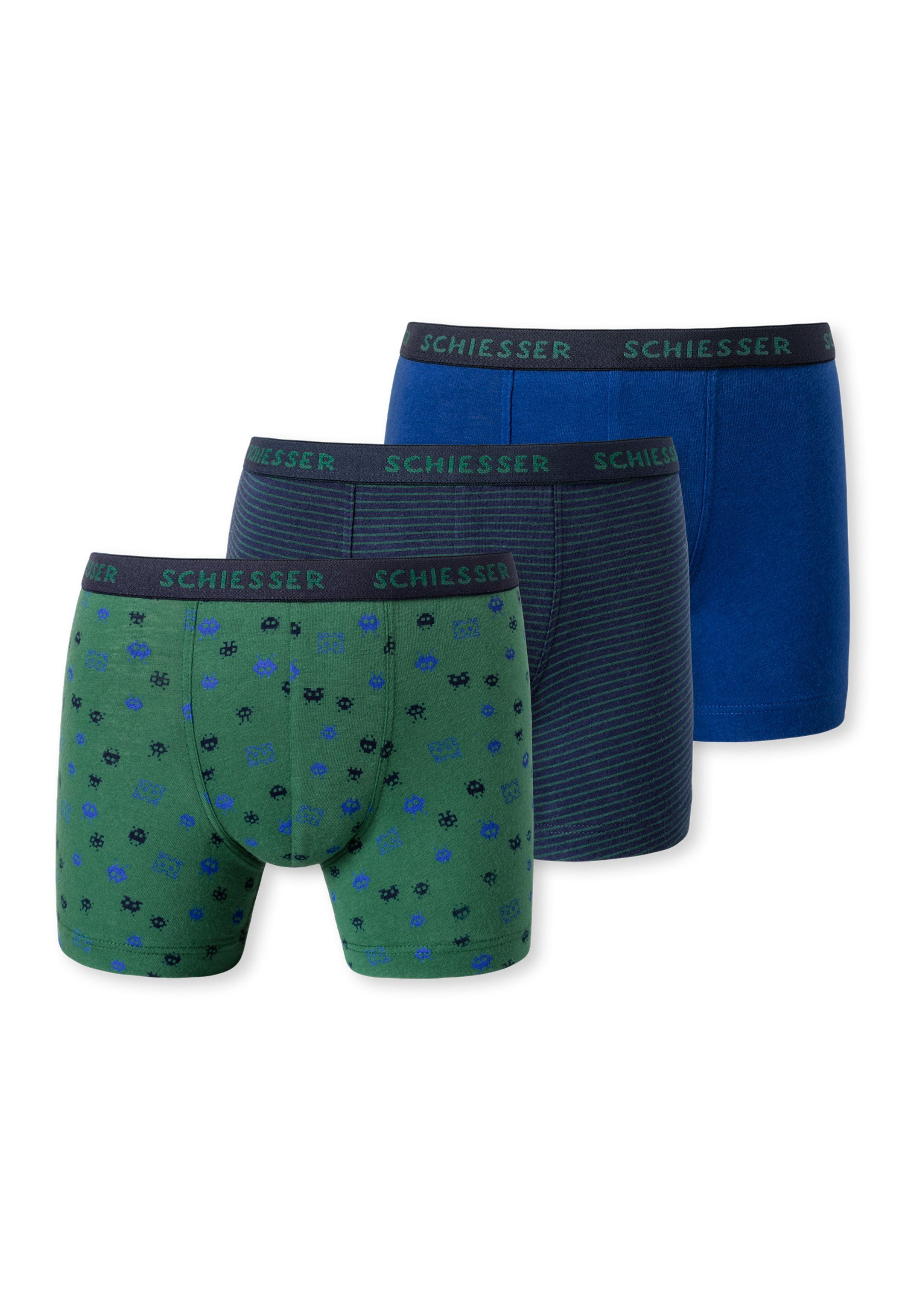 - - Schiesser gemustert Boxer Organic Cotton Grün/Blau Pant Retro-Short Baumwolle Ohne Pack Boys 3-St) Eingriff (Spar-Set, - Kids 95/5 Retro / 3er