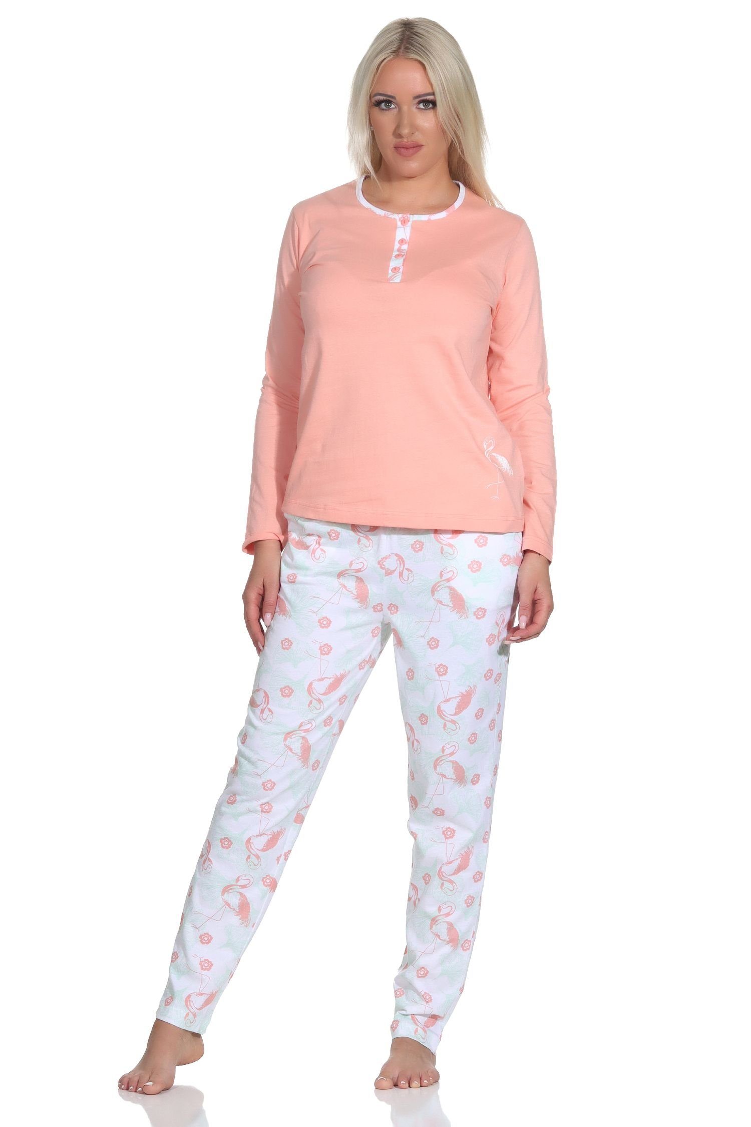 Hals mit Knopfleiste und am Normann Langarm Damen Flamingo apricot Schlafanzug Pyjama Motiv