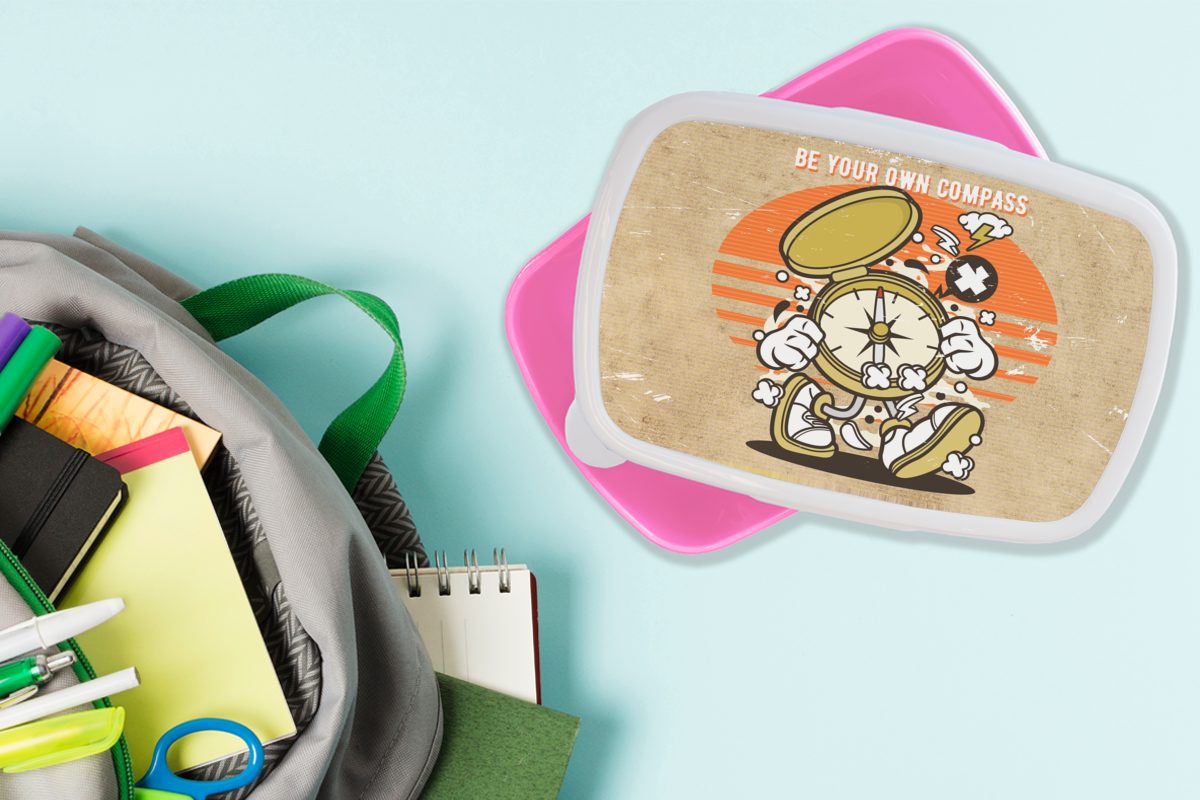 Kunststoff, - - MuchoWow Kinder, für Brotdose Mädchen, Lunchbox Erwachsene, Snackbox, Vintage Brotbox (2-tlg), rosa Zitat, Kompass Kunststoff