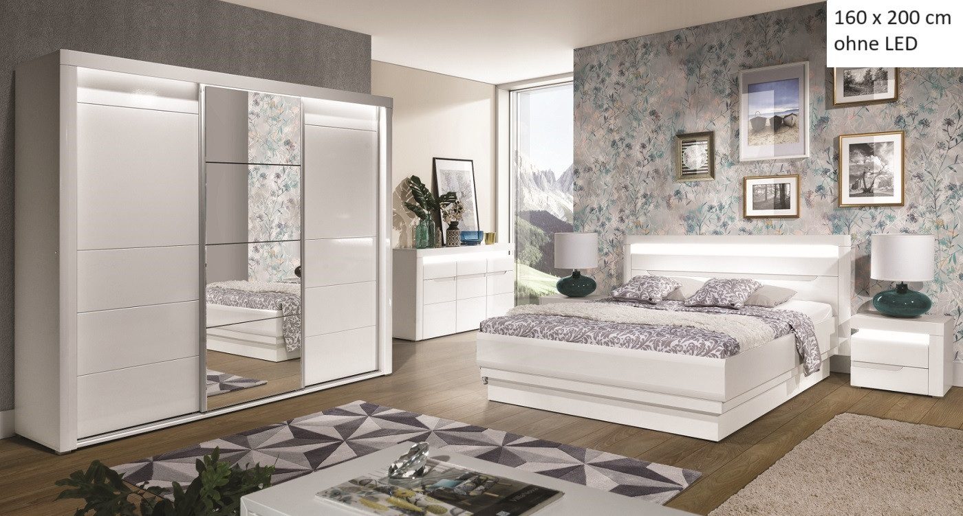 QMM TraumMöbel Schlafzimmer-Set Schlafzimmer komplett Iris Set C 160x200 / 180x200 LED, (Set, 4-tlg., Schiebetürschrank mit LED, Doppelbett 160/180x200, 2 Nachttische), mit LED-Beleuchtung