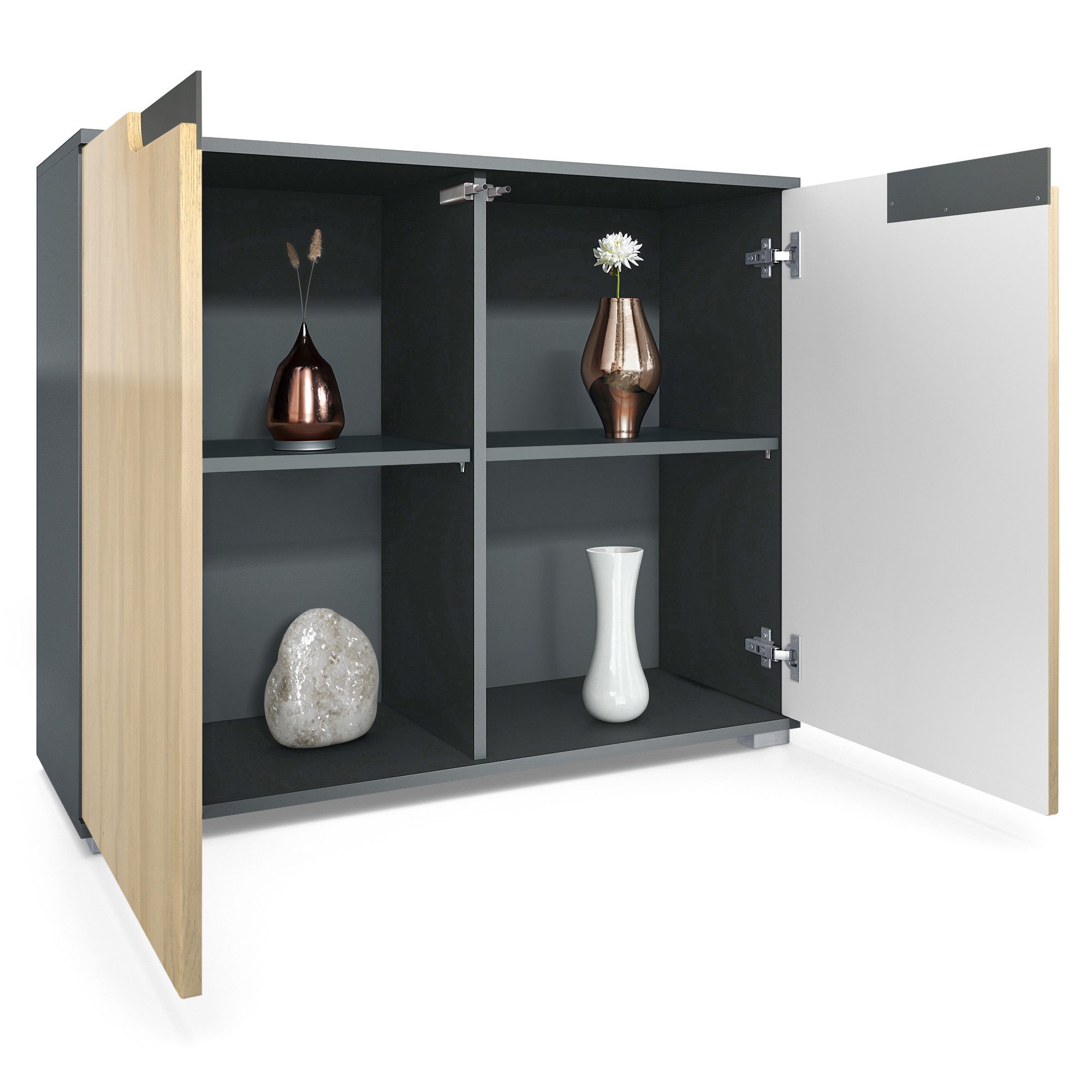 Vladon Kommode Sylt V3 (Moderner Küchenschrank, mit 2 großen Türen), Anthrazit matt / Schwarz Hochglanz (92,5 x 75.5 x 35)