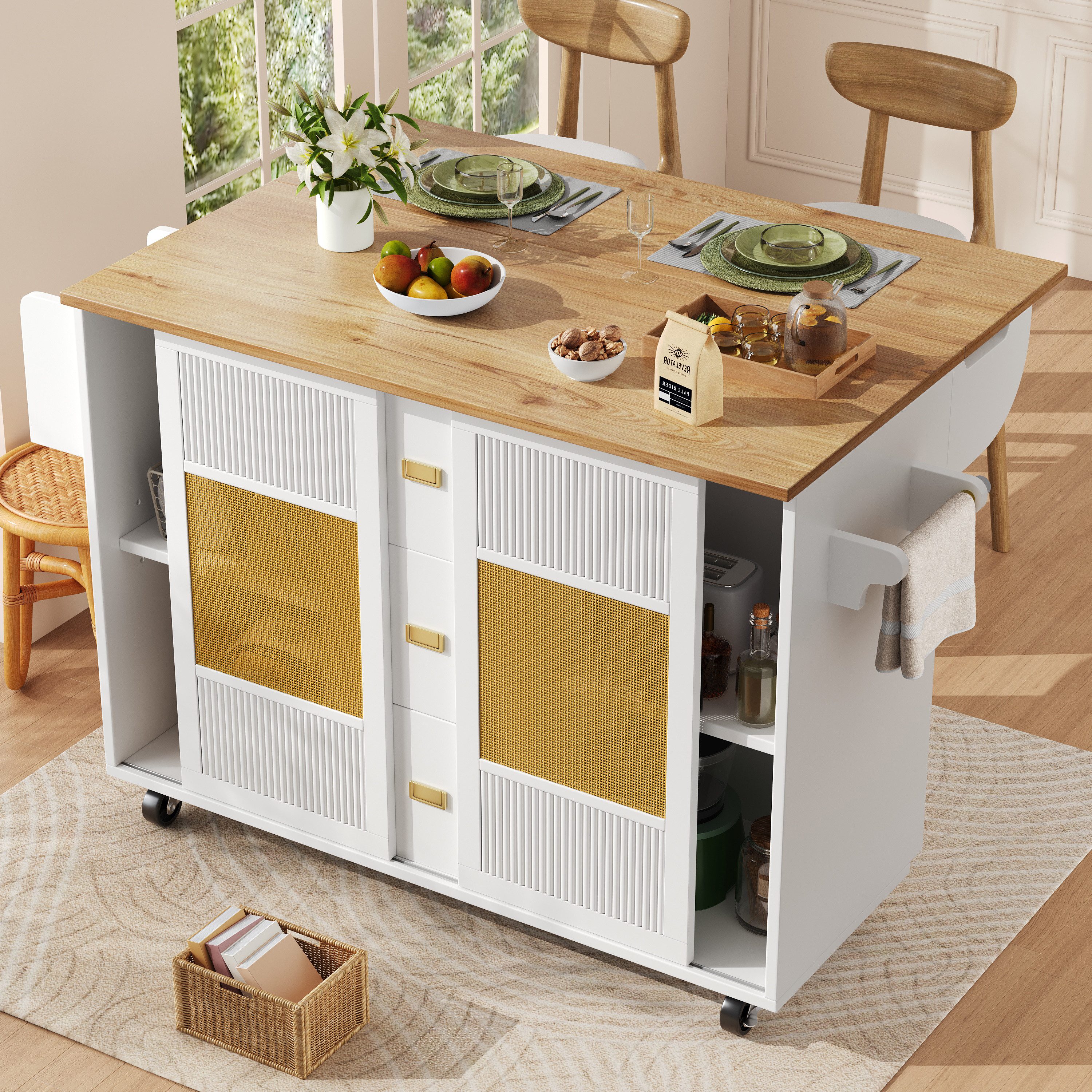 SogesHome Kücheninsel 120cm - Ausziehbarer Küchenwagen Mit Rollen, Schubladen & Gewürzregal