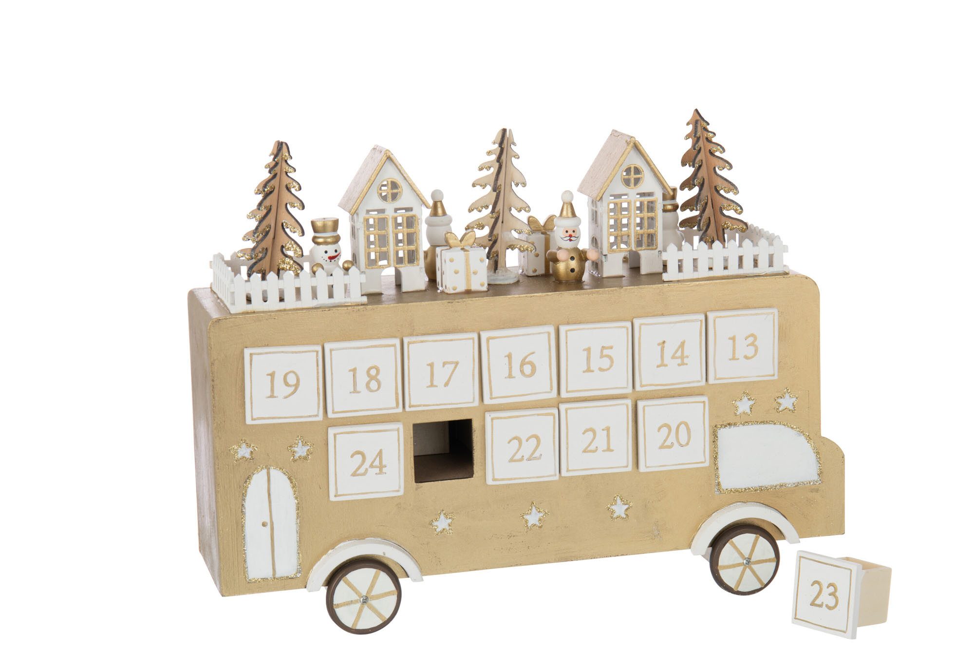J-line befüllbarer Adventskalender Adventskalender Holz Tannenbaum natur/weiß 24 Häuschen, Kalender mit 24 Türchen aus Holz für Fensterbank