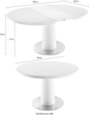 MCA furniture Esstisch Waris, Esstisch Rund mit Synchronsauszug, Weiß matt mit Sicherheitsglas
