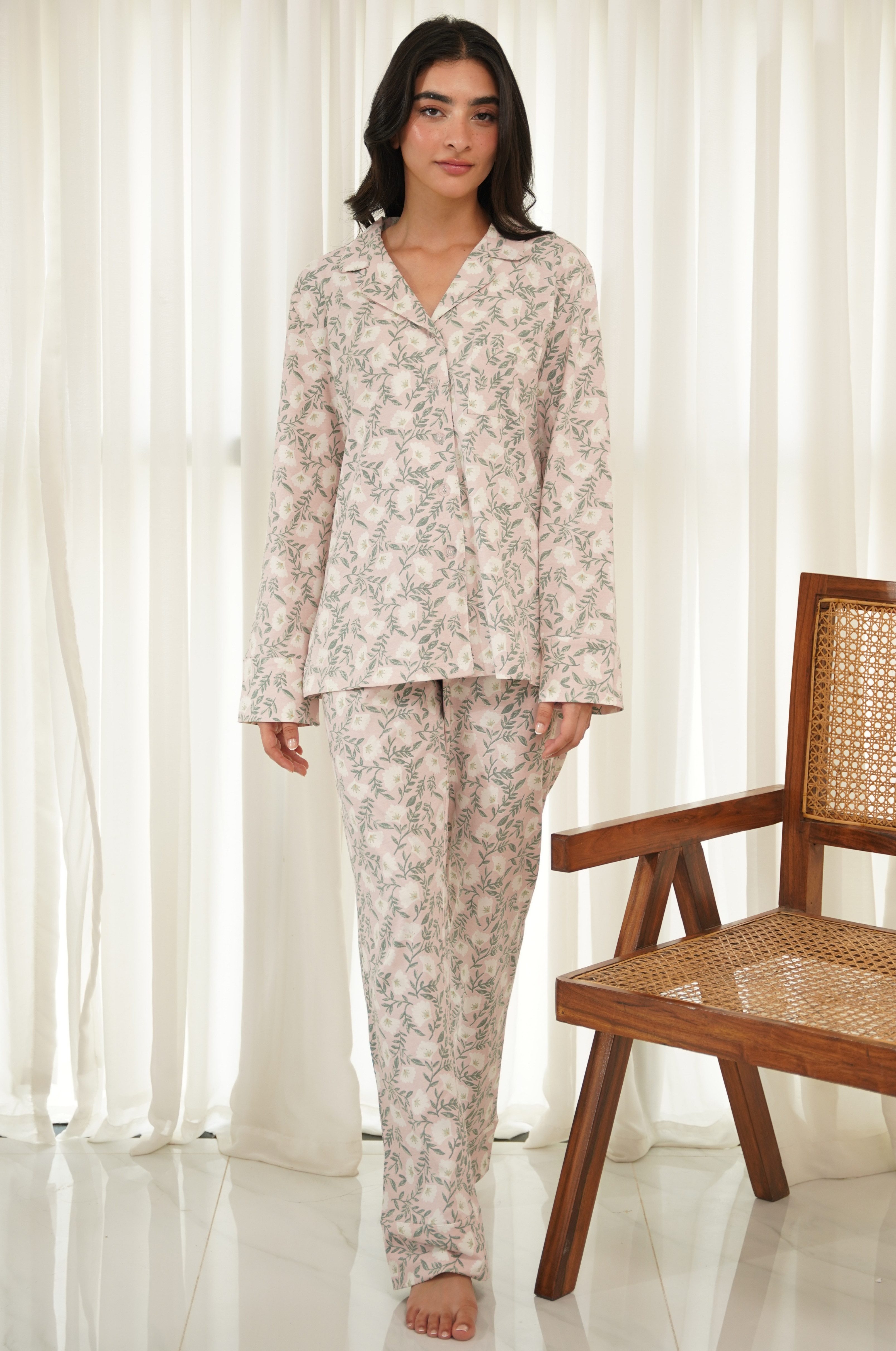 SNOOZE OFF Pyjama Damen Schlafanzug mit floralem Print in Rosé aus 100 % Baumwolle, langarm & lange Hose