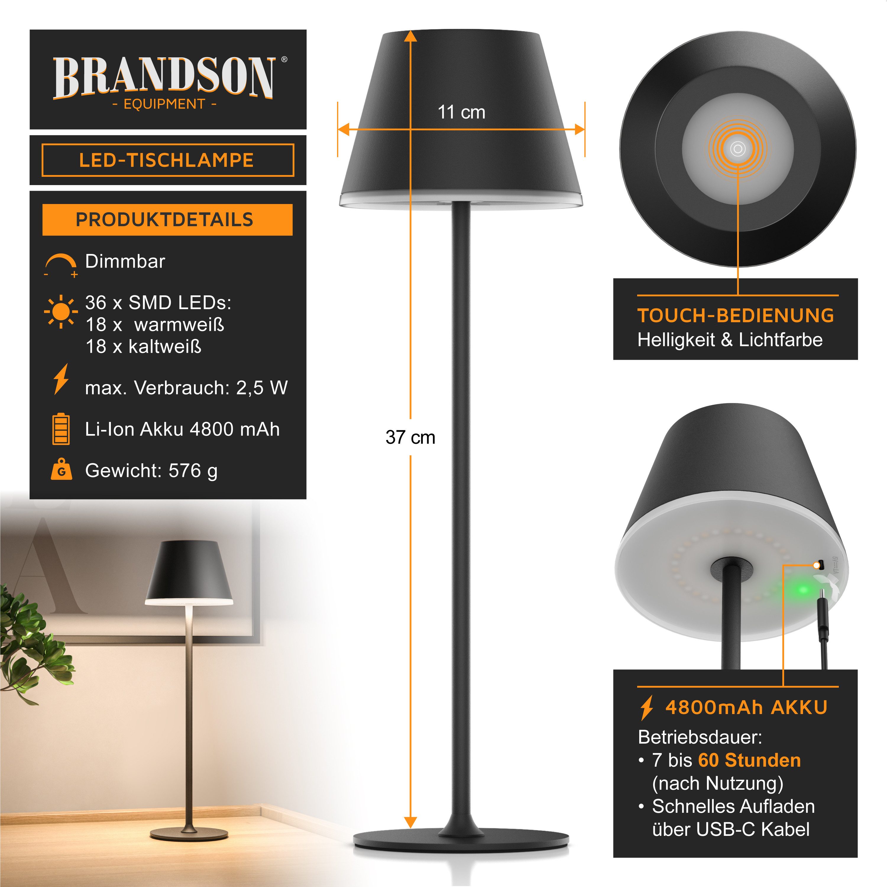 Brandson LED Tischleuchte mit Akku, Kabellos, mit Touch, Helligkeit stufenlos dimmbar, aus Metal, Dimmfunktion; Ein-/Ausschalter; Farbwechsel; mehrere Helligkeitsstufen, LED fest integriert, Kaltweiß, Neutralweiß, Warmweiß, Tischlampe, Nachttischlampe, Leselampe, Schreibtischlampe, großer Akku