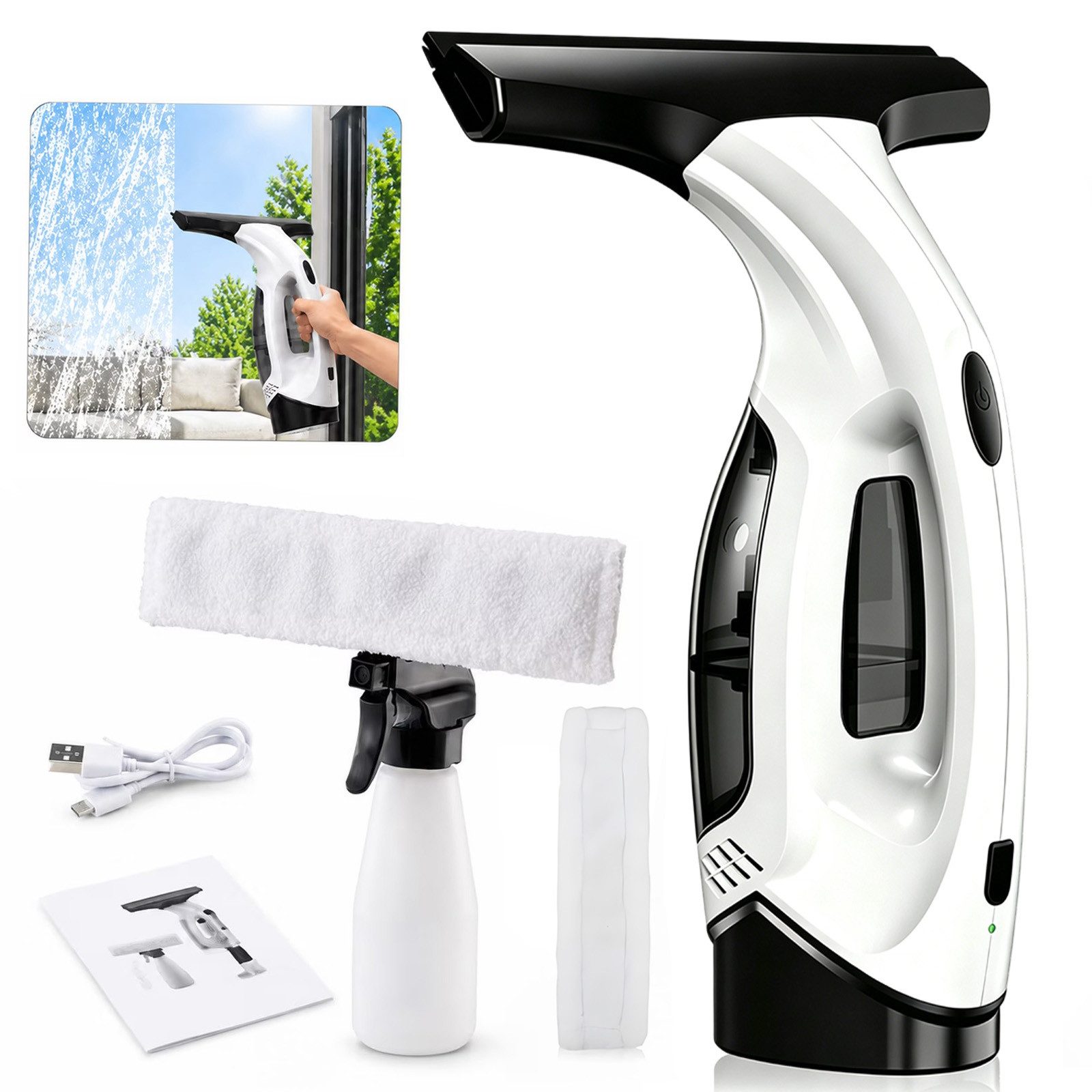 AKKEE Akku-Fenstersauger Kabelloser Fenstersauger Set 40 Min Laufzeit 2 Reinigungstücher, wiederaufladbarer Fensterabzieher für Glastüren, Fenster, Autoglas