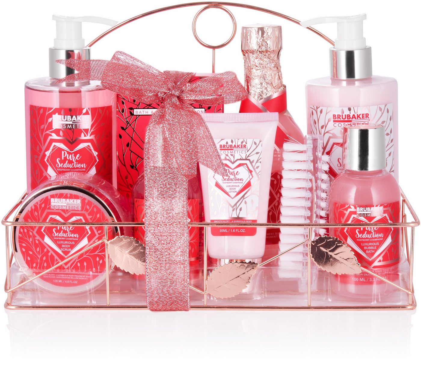 BRUBAKER Pflege-Geschenkset Dusch- und Badeset mit Himbeer Duft, Beauty Wellness Set, 10-tlg., Frauen Geschenkset in Badregal Rosé Gold, Damen Pflegeset