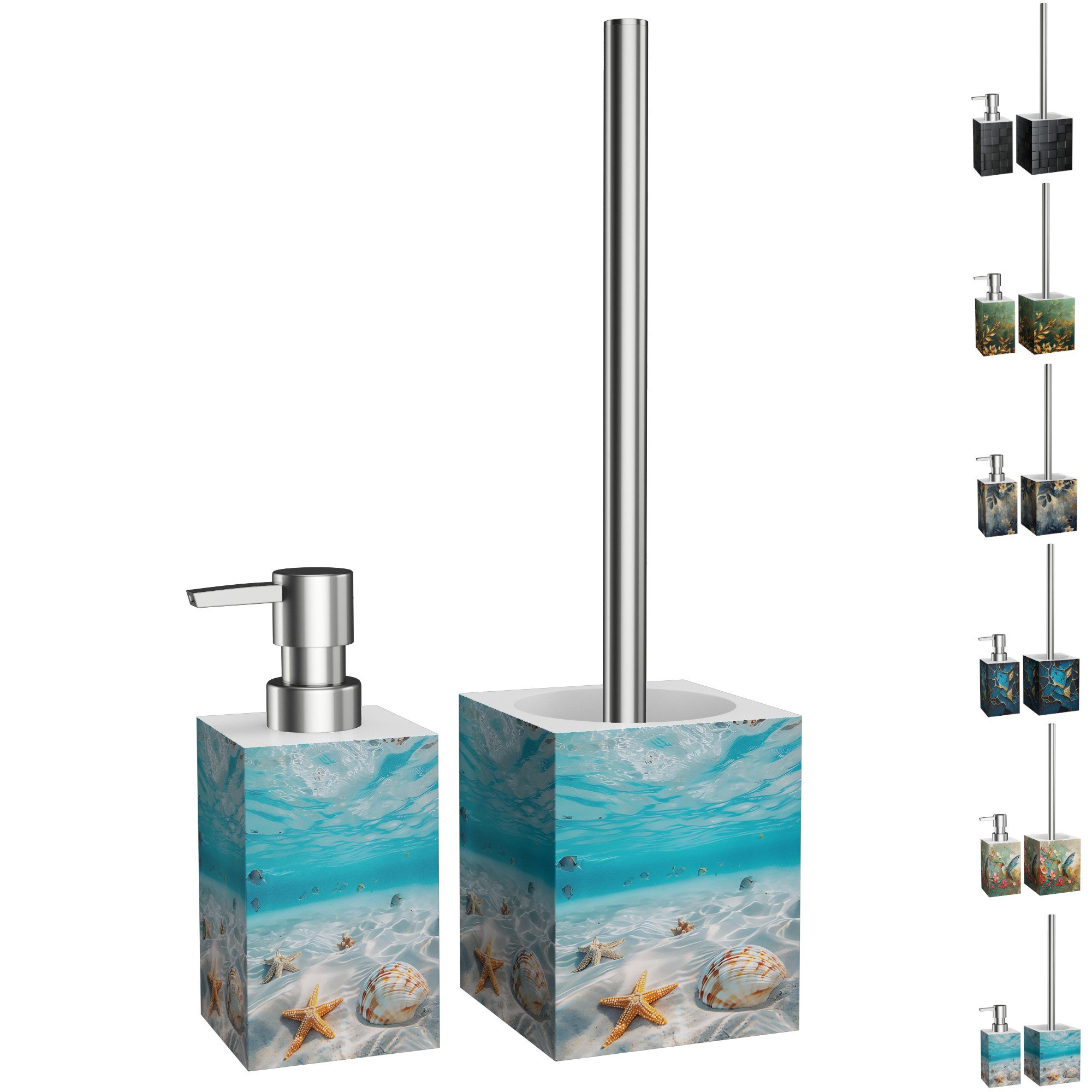 Sanilo Badaccessoire-Set mit Motiv, viele schöne Seifenspender und WC Bürsten zur Auswahl, Klobürste mit auswechselbaren Bürstenkopf, 2 tlg., 2-tlg., Desinfektionsspender mit stabiler Pumpe, hochwertig & modern