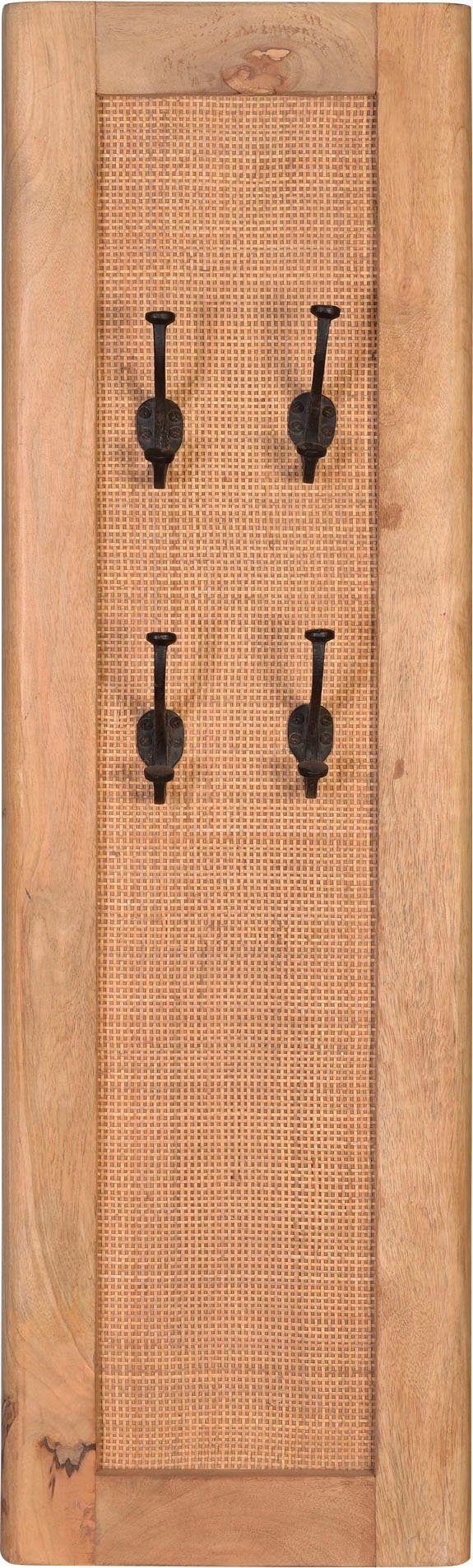 SIT Garderobenpaneel CANE Mangoholz mit Rattan-Einsatz & 4 Doppelhaken, Trendiger Rattan-Einsatz im Massivholzrahmen für Boho-Flair