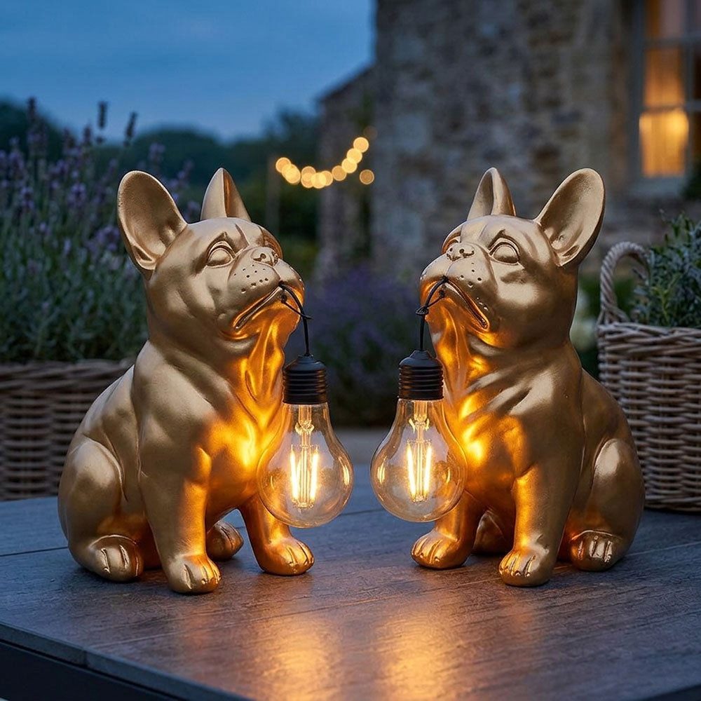 GLOBO LIGHTING LED Solarleuchte, LED-Leuchtmittel fest verbaut, Warmweiß, 2x LED Solarleuchte Außenbereich goldfarben Bulldogge H 23,5 cm