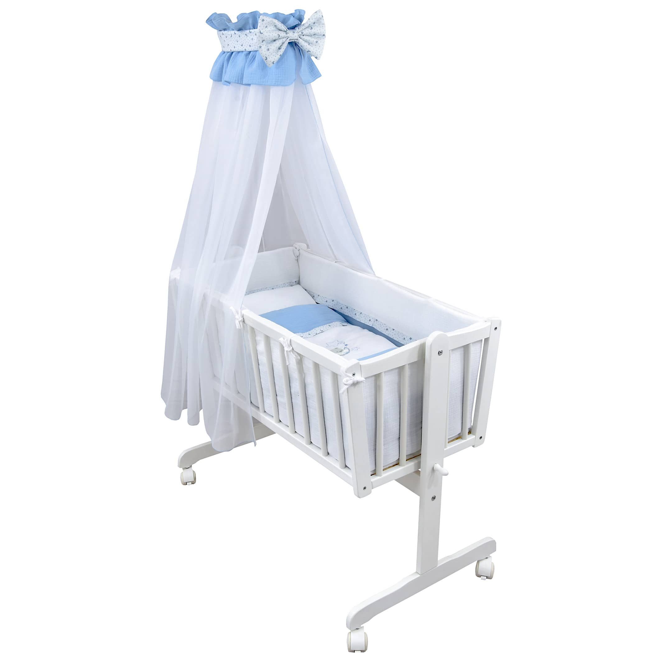 Baby-Delux Stubenbett Babywiege Komplettset Musseliin Bettset, Schaukelwiege Weiß 90x40cm Komplett Bettset Wiegenset