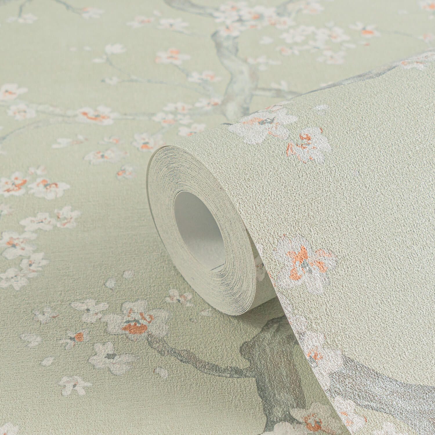 Profhome Vliestapete 781991-GU Blumen Tapete Floral matt grün kiesel-grau beige-braun, strukturiert, (1 Rolle, 5,33 qm), heißgeprägte Vliestapete, pistazie