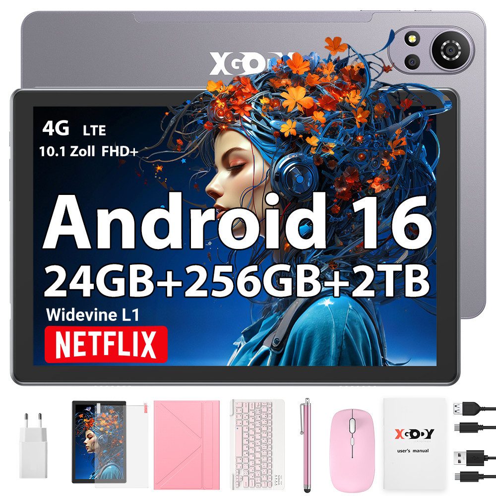 XGODY N05 Pro VIP (2SIM-4GLTE) mit Tastatur, Ledertasche und Ladegerät Tablet (10.1", 256 GB, Android 16, 2G (GSM), 3G (WCDMA), 4G (LTE), WLAN, SIM-Kartenslot, Gesichtserkennung, Ledertasche für Tastatur)