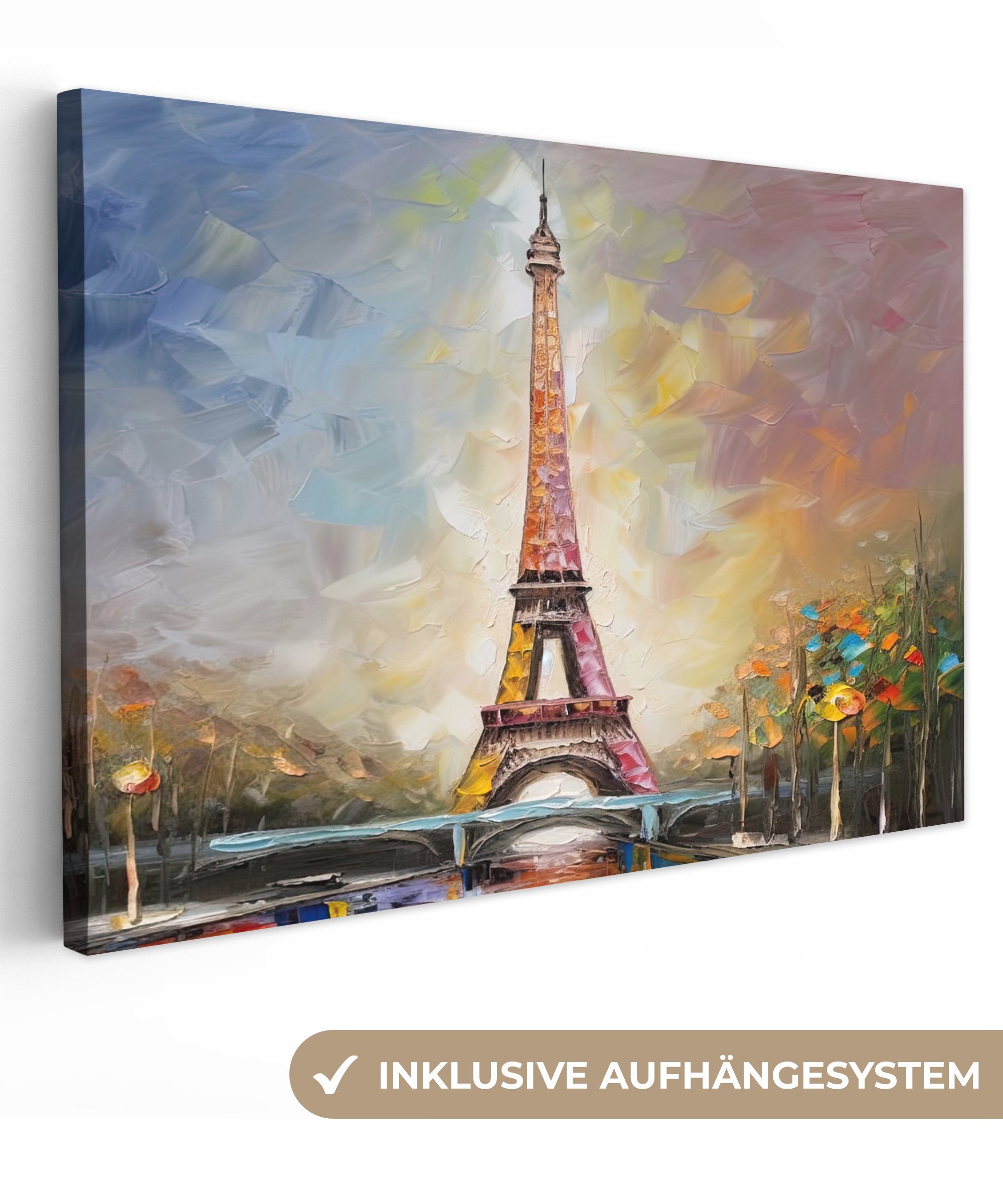 OneMillionCanvasses® Leinwandbild Eiffelturm - Ölgemälde - Paris, (1 St), Wandbild Leinwandbilder, Aufhängefertig, Wanddeko, 30x20 cm