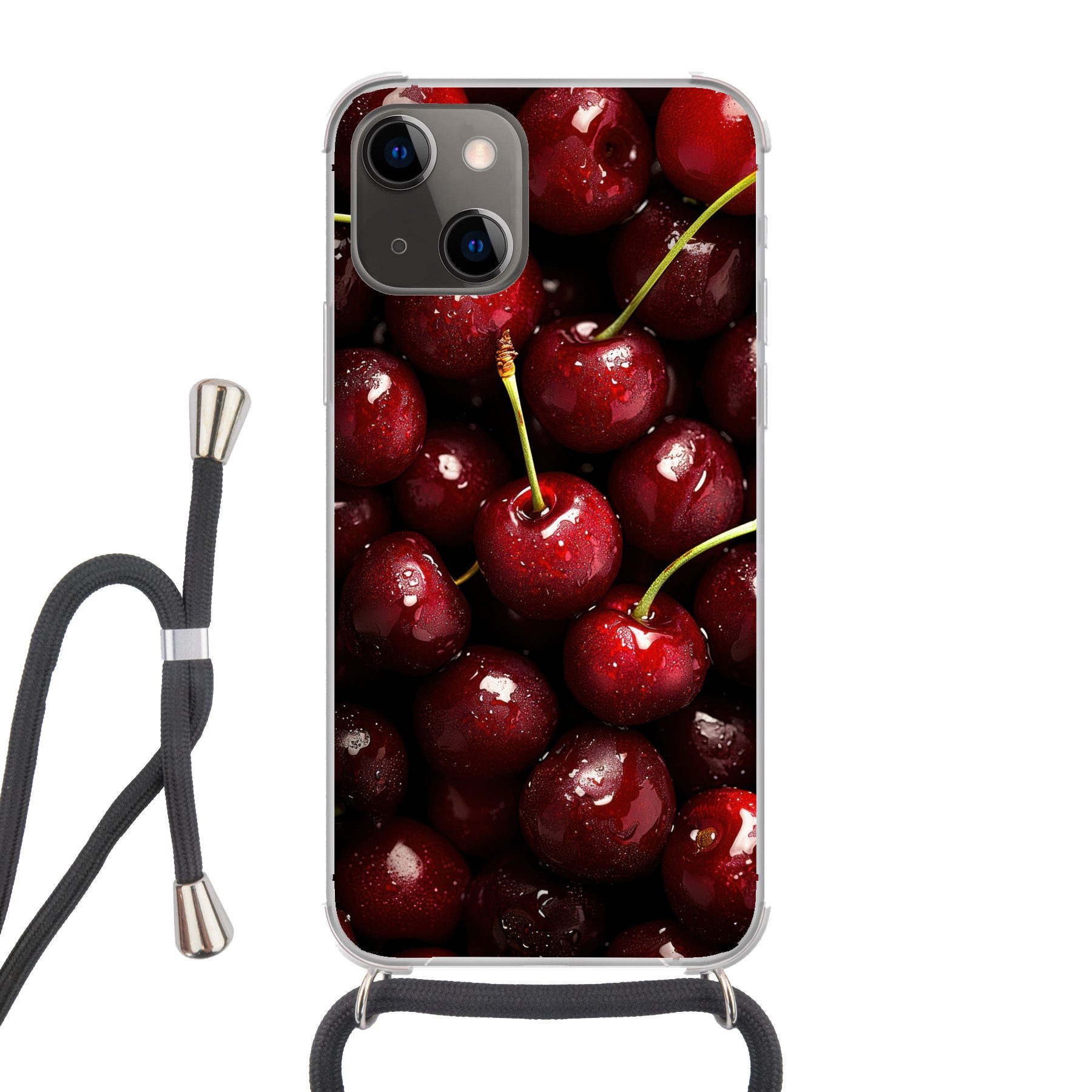 MuchoWow Handyhülle für Apple iPhone 13 Mini Rot - Obst - Kirsche, Tragbare Handyhüllen mit Kette zum umhängen, Handykette Handyband