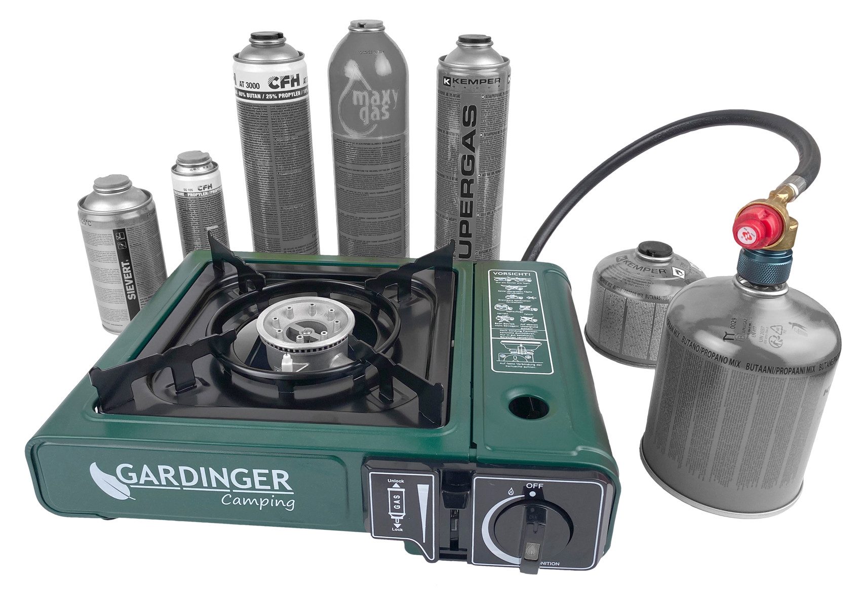 GARDINGER Gaskocher Campingkocher einflammig Universal-Kartuschen Kocher Piezozündung, (Adapter Set, 1-St., mit Hartschalenkoffer), standsicher, tragbar