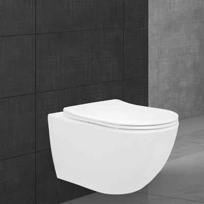 ML-DESIGN WC-Sitz Spülrandloses Hänge WC Keramik mit WC-Sitz abnehmbar Softclose, Wand-WC kurz Weiß matt kurz Toilette Duroplast Tiefspüler