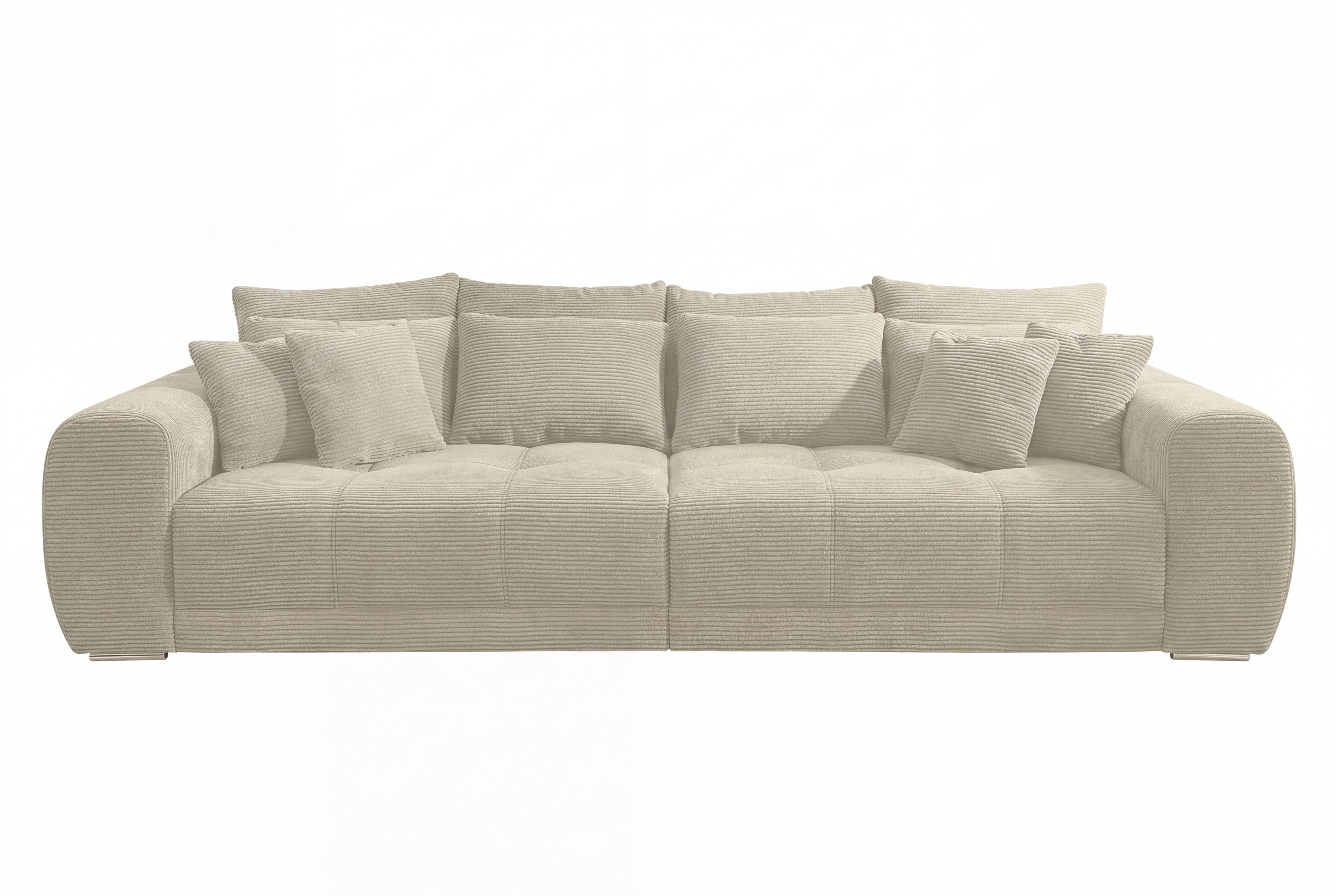 luma-home Big-Sofa 15173, XXL-Couch B306/T134/H86 cm, Liegefläche 120x240 cm mit Federkernpolsterung, viele Kissen, markante Steppungen, Cordstoff Beige Grau
